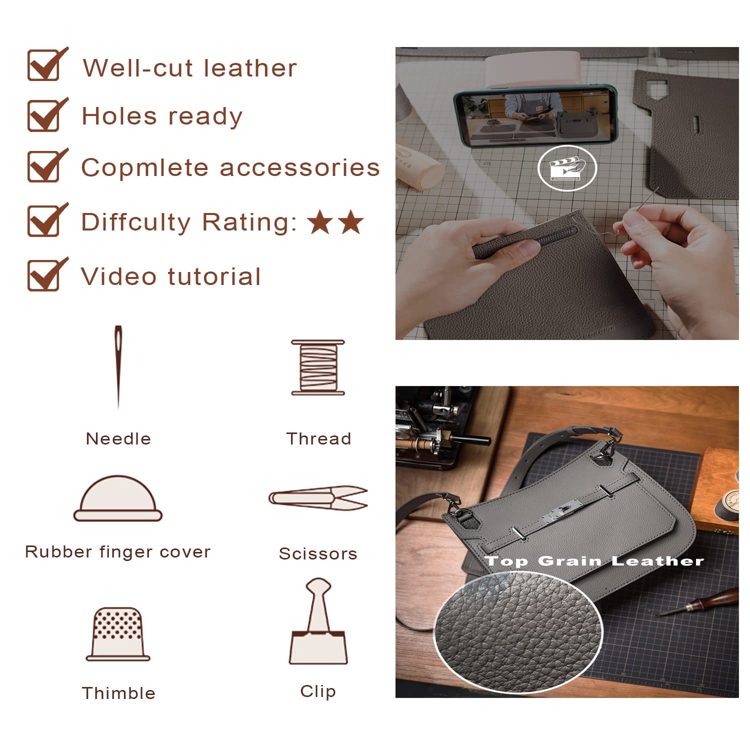 POPSEWING Designer Crossbody Bag DIY Kit for Girls - Leather Craft Kit with Shoulder Bag Sewing Supplies - Personalized Gift Making Kit (Grey) | Perfect for DIY Projects, Fashion Accessories & Creative Gifts