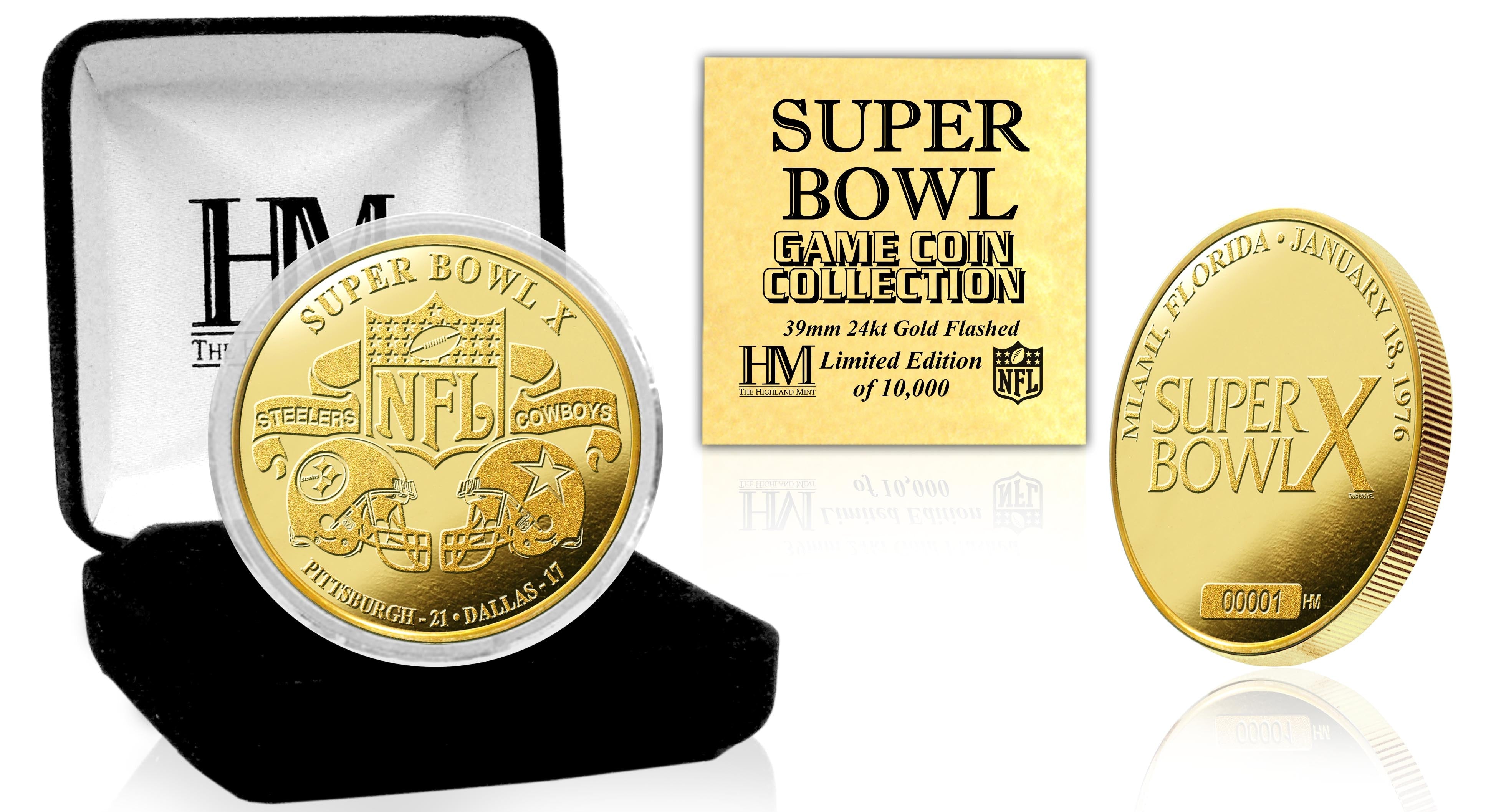 Super Bowl X 24K Gold Commemorative Flip Coin - Limited Edition Collectible for Football Fans, Sports Memorabilia & Game Day Decision Making