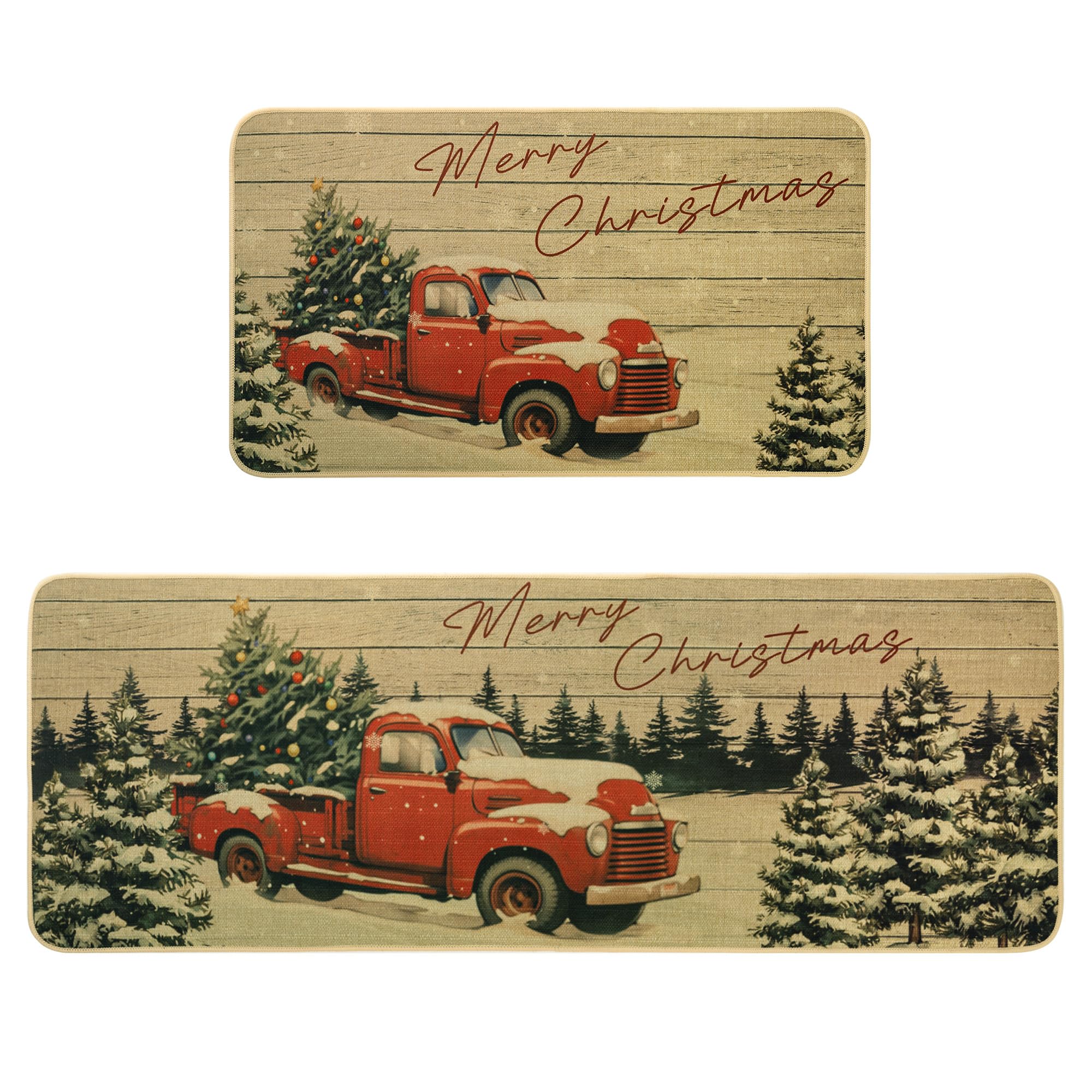 GRANNY SAYS Christmas Kitchen Rugs Set of 2, Washable Holiday Floor Mats 17x30 & 17x47, Farmhouse Truck Design, Indoor Christmas Decor for Kitchen, Dining Room, and Entryway