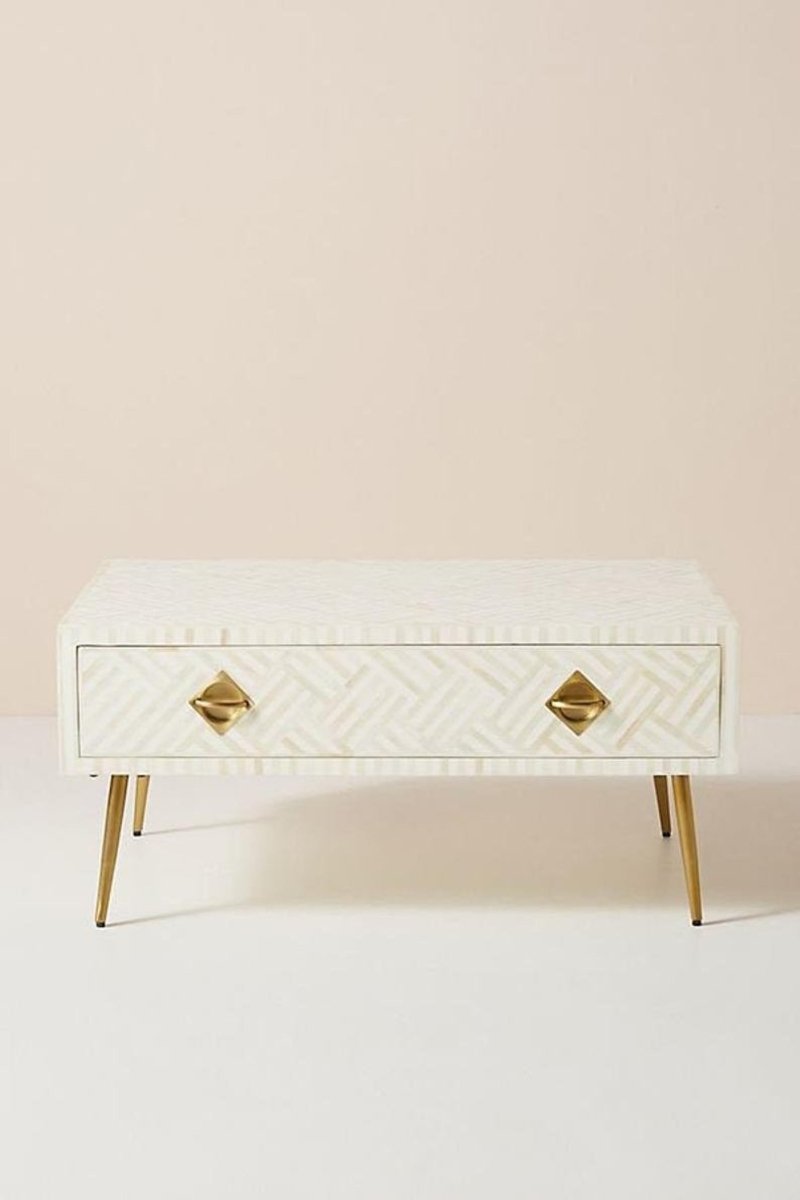 Handmade Bone Inlay Coffee Table with Storage - White Wooden Center Table for Living Room | Modern Boho Home Decor, Perfect for Small Spaces & Coffee Lovers