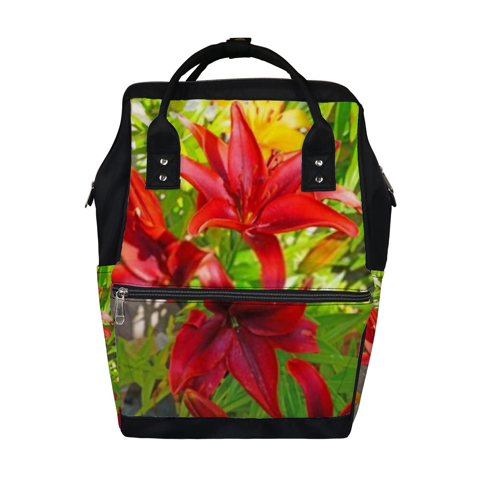 **Multifunctional Waterproof Diaper Backpack for Moms - Large Capacity Baby Nappy Bag with Asiatic Lily Flower Design (Red/Yellow) - Perfect for Travel, Nursing & Daily Use**
