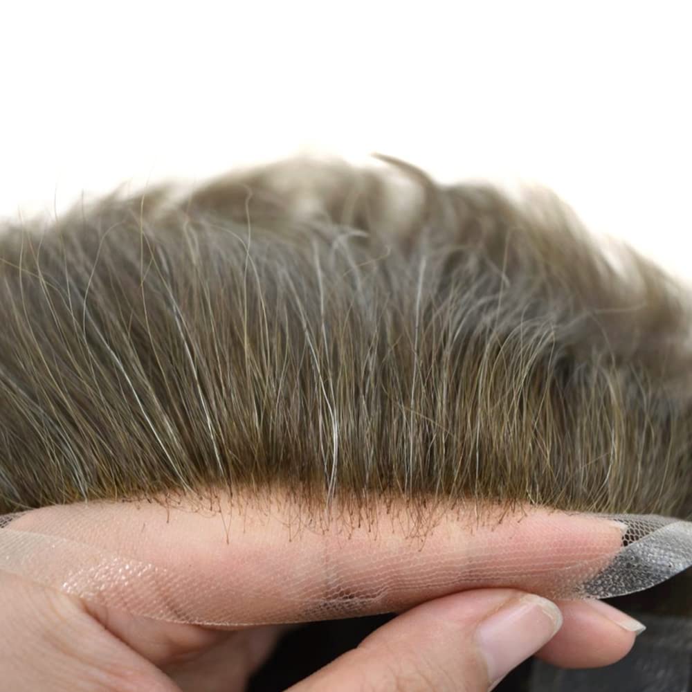 100% European Real Human Hair Toupee for Men - Swiss Lace Front Hair System with Bleached Knots | Medium Blonde +10% Gray | 7x9