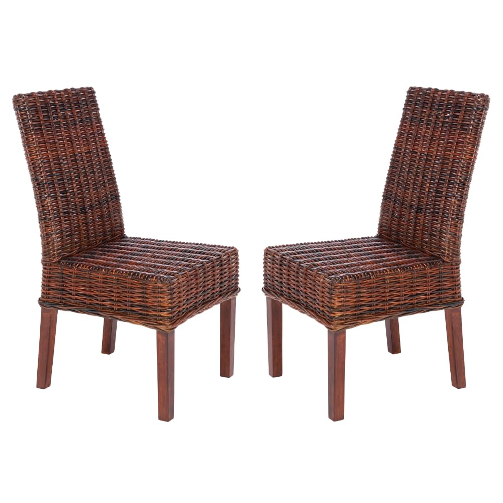 Safavieh Home Collection Aubrey Walnut Wicker Side Chair - Rustic Farmhouse Dining Chair for Kitchen, Patio & Outdoor Use - Handwoven Rattan Accent Chair with Wooden Frame
