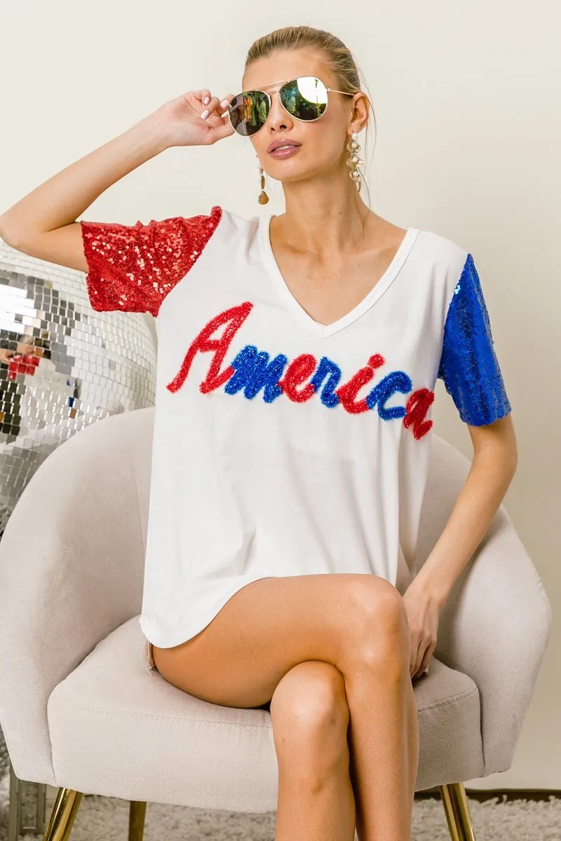 BiBi Metallic Letter V-Neck Sequin Sleeves Top for Women | Party Wear, Club Outfit, Evening Dress, Special Occasion Fashion