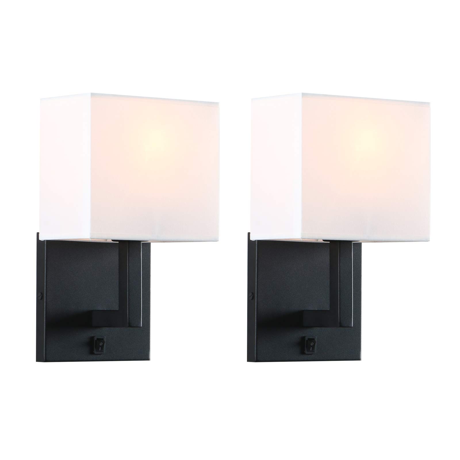 PERMO Black Single Wall Sconce Light Fixture Set of 2 - Modern Bedside Lamps with White Fabric Shades & On/Off Switch - Perfect for Bedroom Nightstand, Reading Nook & Cozy Home Decor (Black)