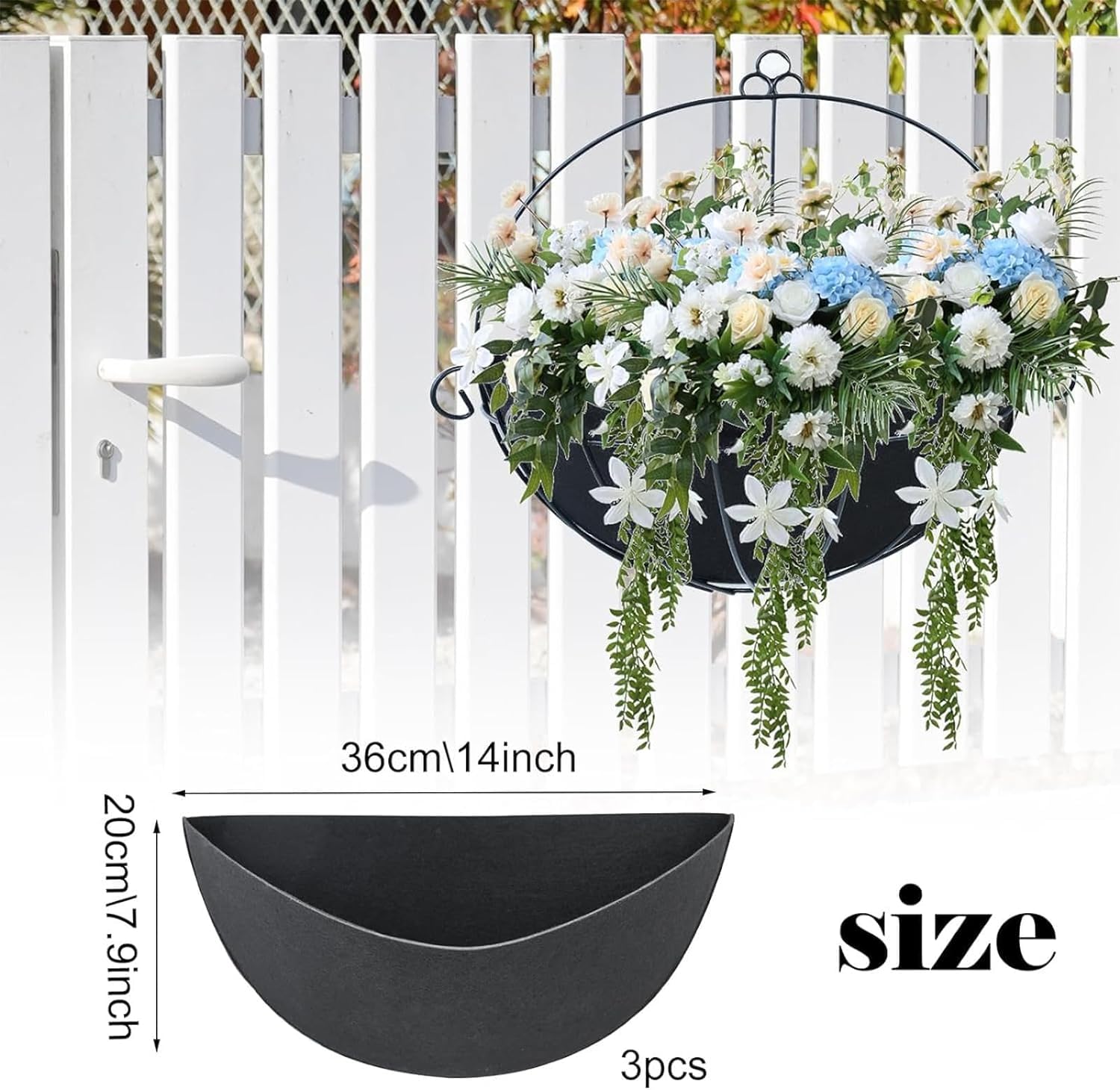 3PCS Half Round Planter Liners - 14 Inch Black Fabric Flower Basket Liners, Durable Felt Garden Liner Replacement for Hanging Baskets & Wall Planters | Perfect for Patio, Balcony & Indoor Gardening Decor