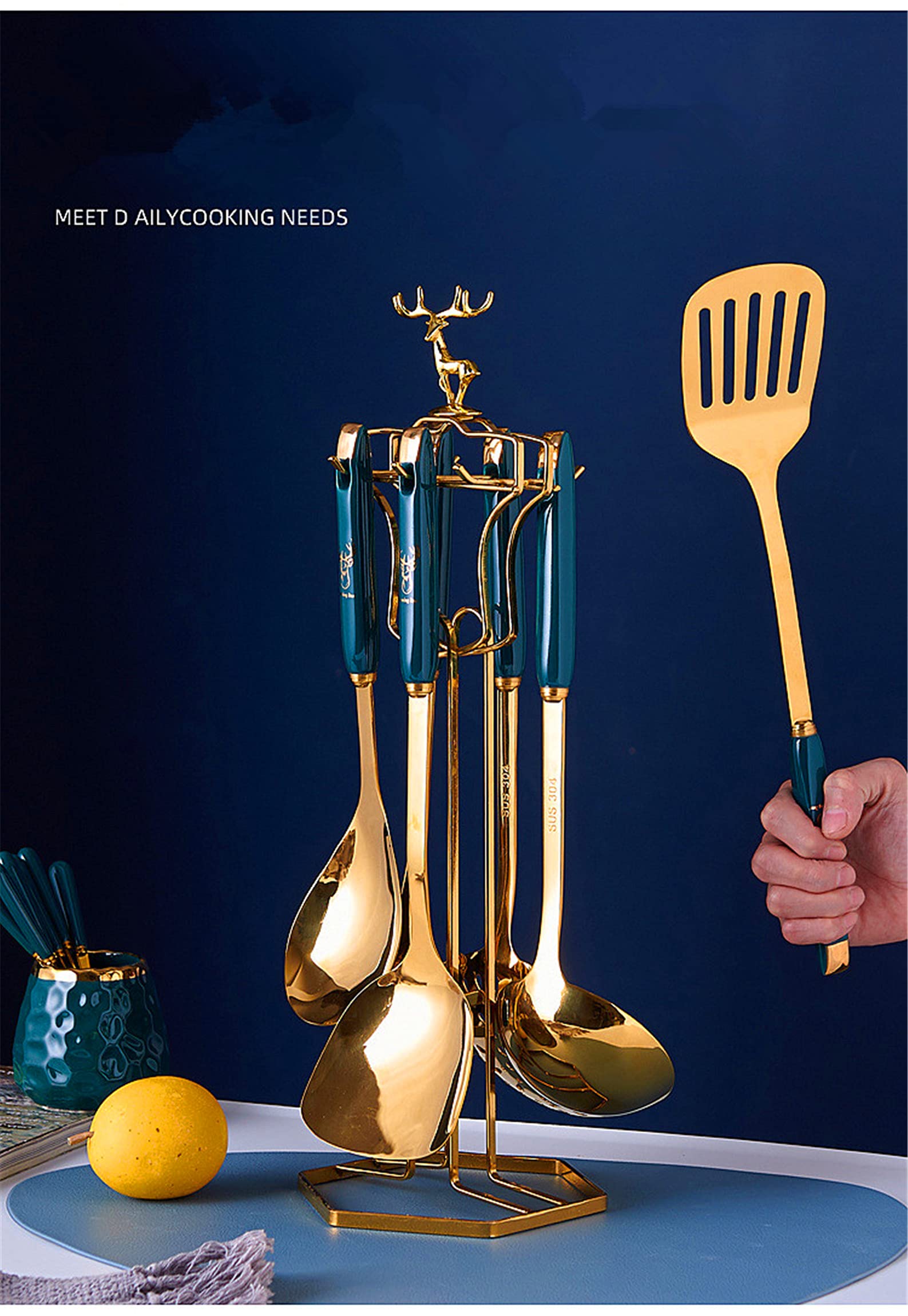 Nordic Style Kitchen Utensil Set with Holder - 6-Piece Cookware Includes Soup Ladle, Spatula, Slotted Turner, Skimmer Spoon & Rice Paddle - Deer Antler Design for Cooking, Stir-Frying & Serving - Perfect for Modern Kitchens & Dinner Parties