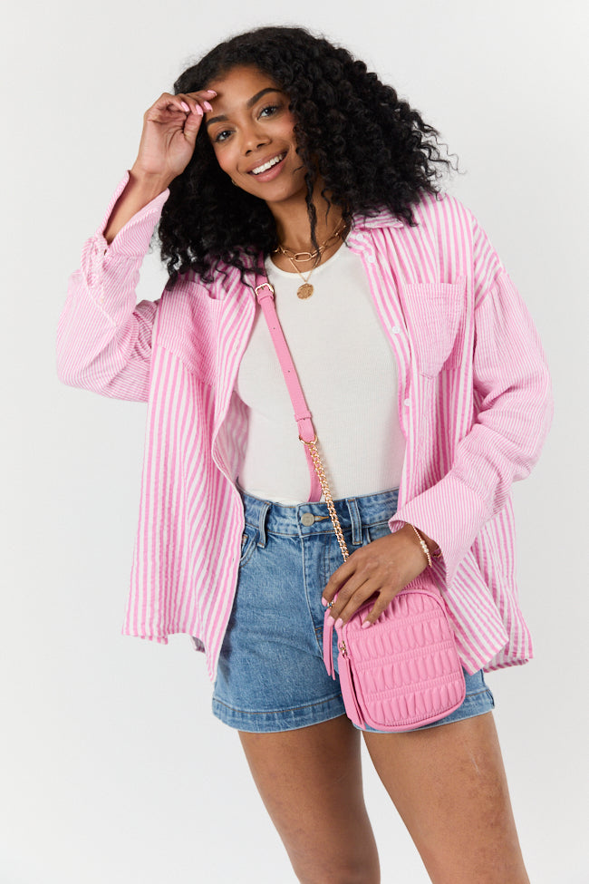 Daybreak Dreams Women's Pink Gauze Button Down Shirt - Soft & Breathable Multi-Stripe Blouse for Casual Wear, Office & Summer Outfits