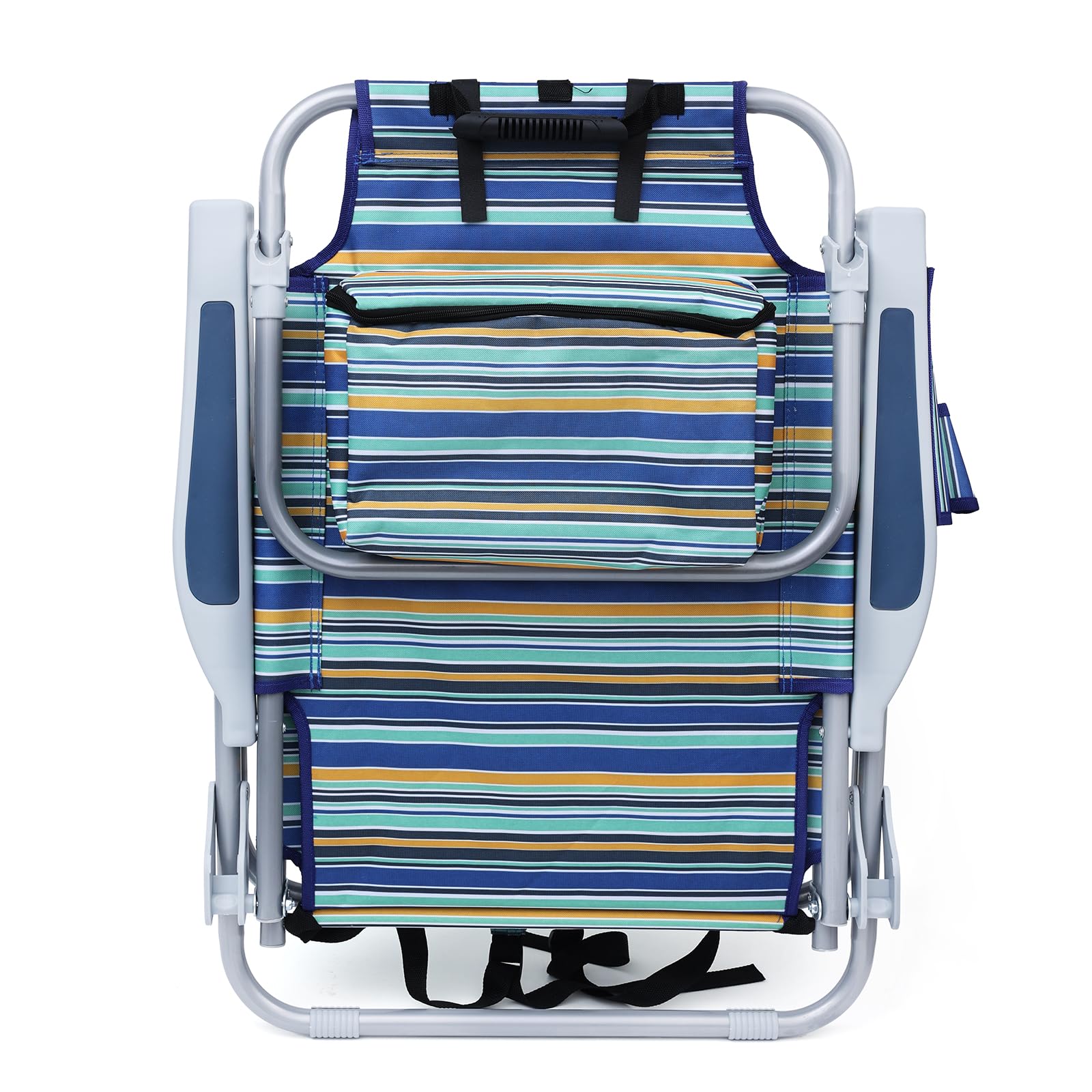 **Heavy Duty Folding Beach Chair for Adults - 4 Position Adjustable Backpack Beach Chair with Large Cooler Pouch, Supports 350LBS (Stripes Blue, Cyan & Yellow) - Perfect for Beach, Camping, Picnics & Outdoor Relaxation**