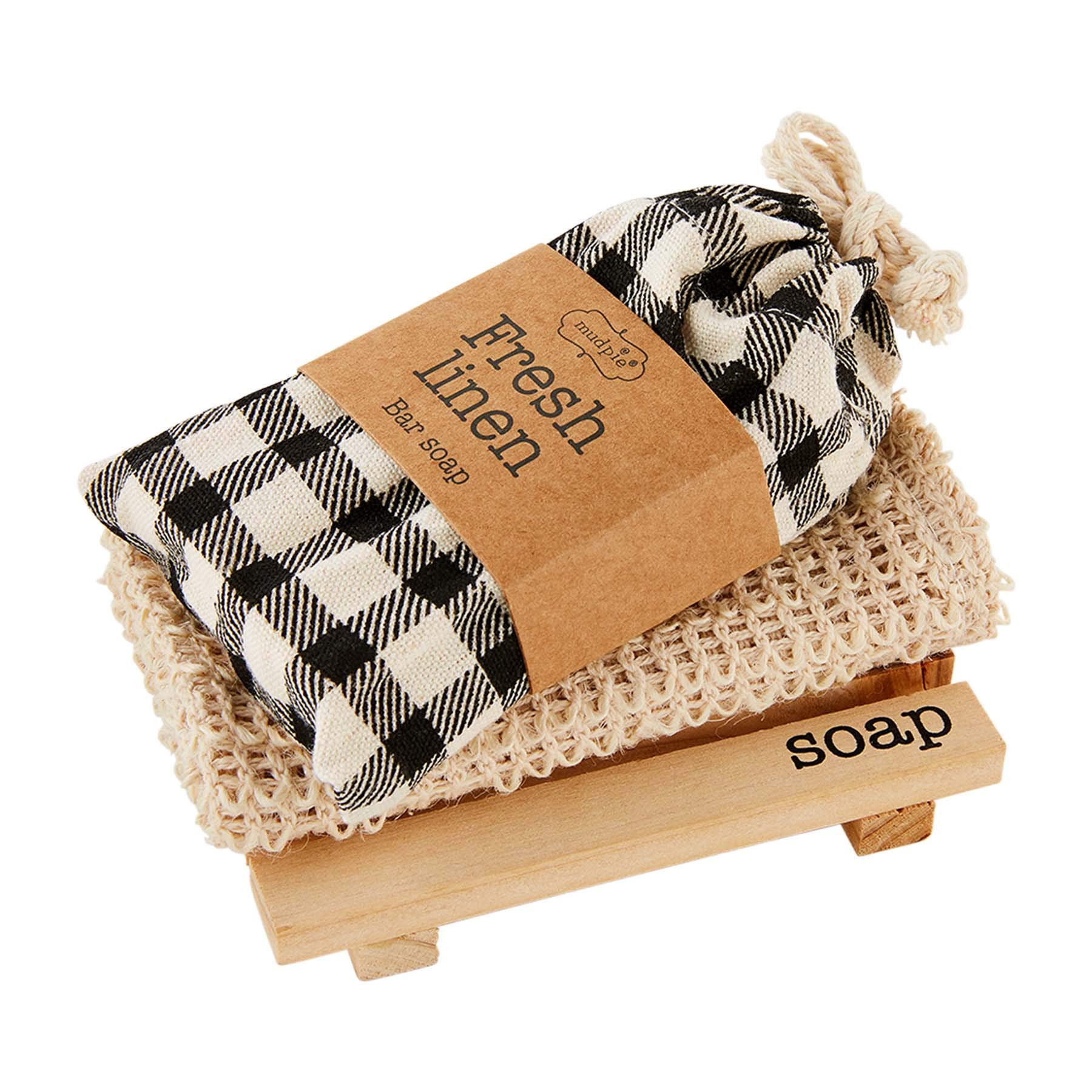 Mud Pie Soap Dish and Washcloth Set with Buffalo Design - Ceramic Soap Holder and Absorbent Cotton Cloth for Bathroom, Kitchen Sink, and Guest Room Decor