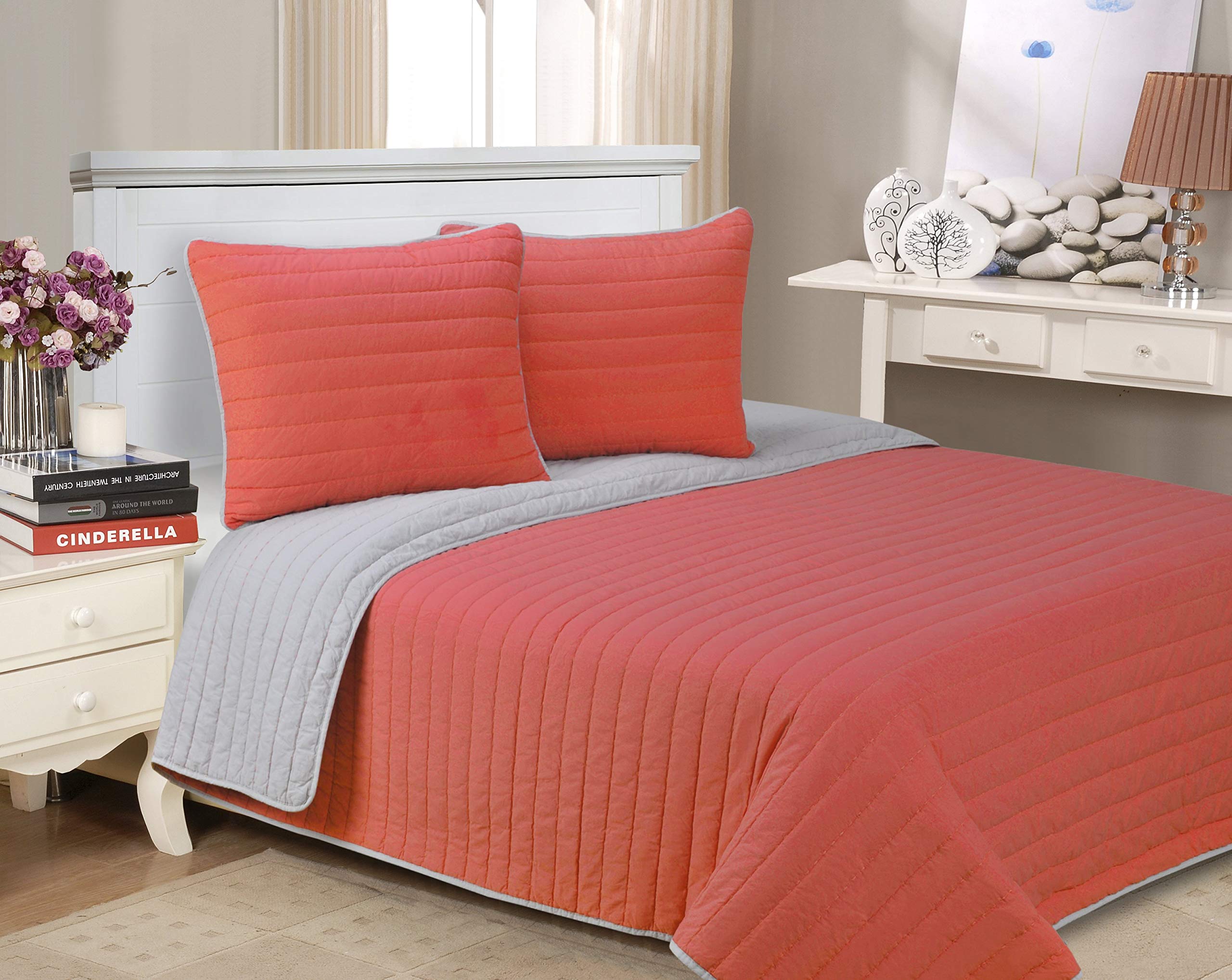 Premium 100% Long Staple Cotton Quilt Set - Full/Queen Size with Luxury Striped Brandon Design in Red | Soft Bedding for Master Bedroom, Guest Room & Cozy Home Decor