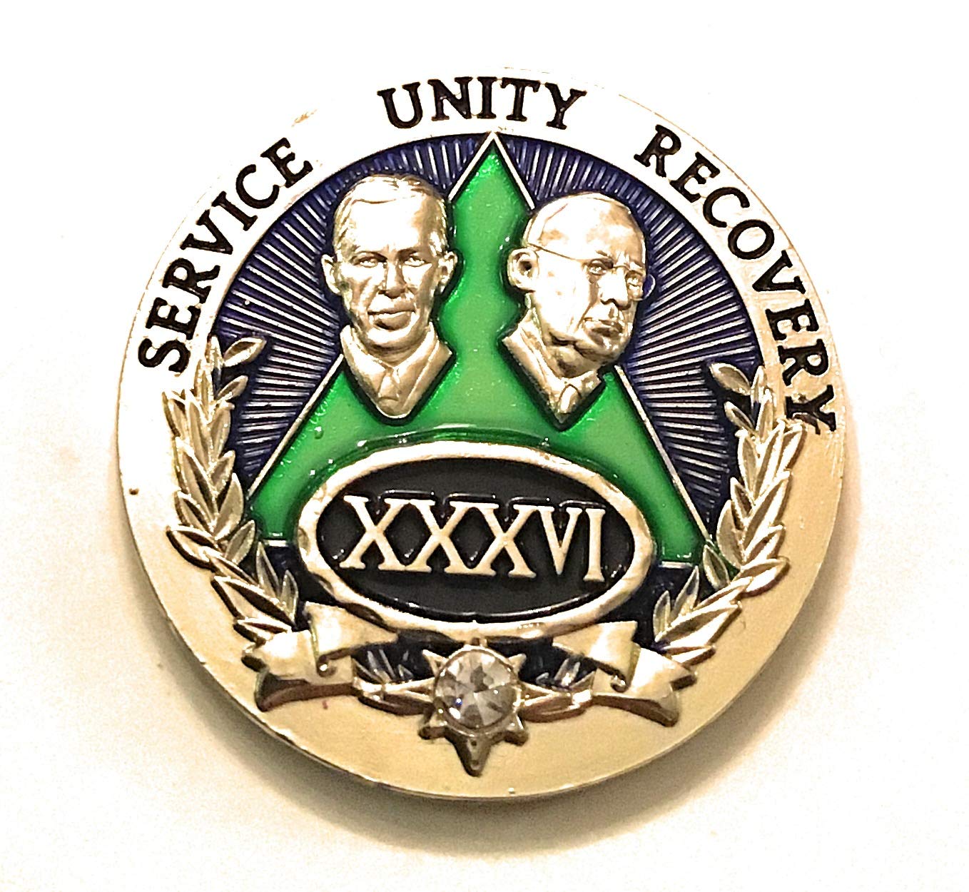 36 Year AA Medallion - Green & Gold Sobriety Chip with Bill & Bob - Alcoholics Anonymous Recovery Token for Milestone Celebrations & 12-Step Meetings