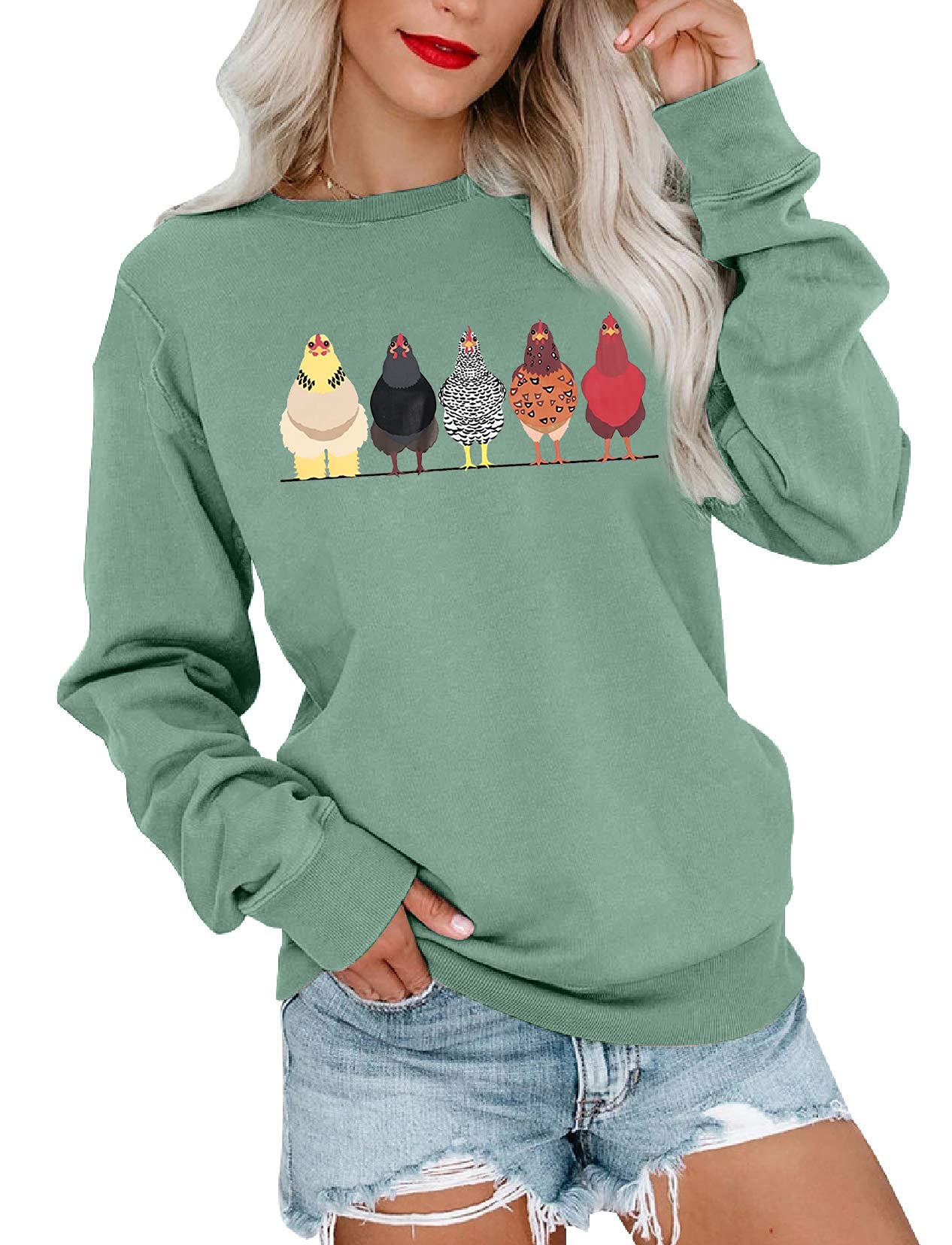 VILOVE Women's Cute Chicken Graphic Sweatshirt - Long Sleeve Crewneck Pullover for Casual Fall Outfits | Perfect for Daily Wear, Weekend Errands & Cozy Autumn Days