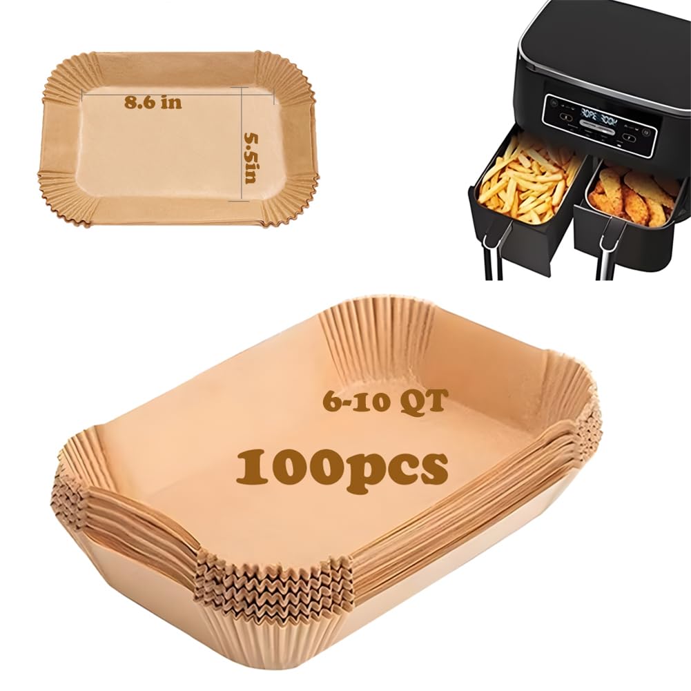 100 Pcs Disposable Air Fryer Parchment Paper Liners, 8.6x5.5 Inch Rectangle Non-Stick Baking Sheets for Dual Basket Air Fryers (DZ201/DZ401/DZ071) - Perfect for Frying, Baking, Roasting & Healthy Cooking at Home