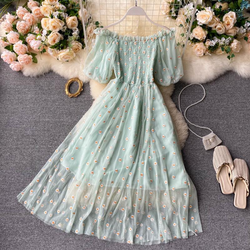 Embroidered Daisy Dress - Mid-Length French Puff Sleeve Fairy Dress - Floral Summer Dress for Women - Perfect for Garden Parties, Weddings & Boho Outfits