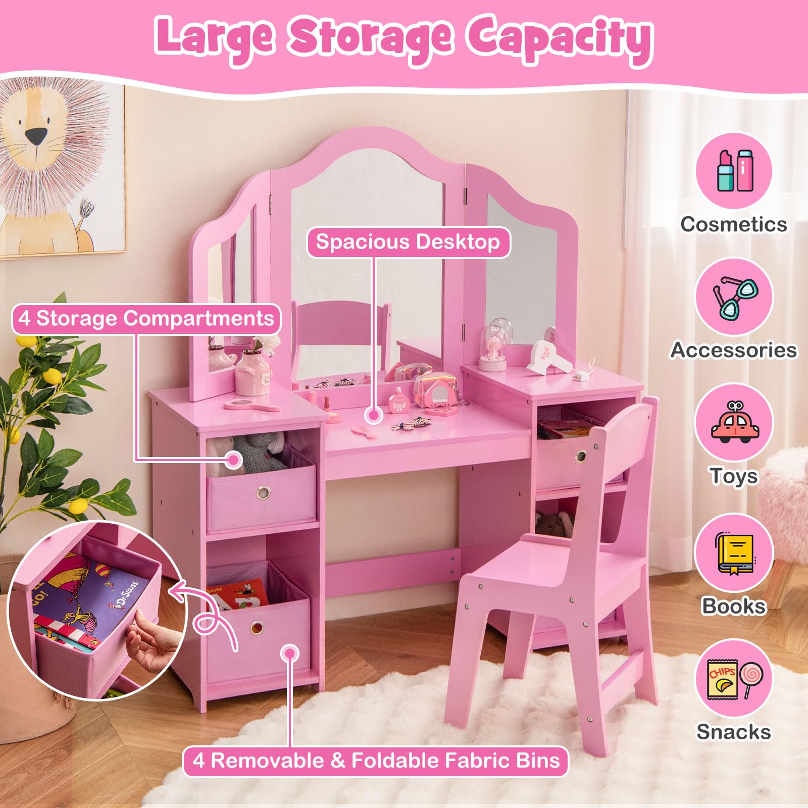 HONEY JOY Pink Wooden Princess Vanity Set for Girls - Kids Makeup Dressing Table with Mirror, Stool & 4 Storage Bins - Toddler Pretend Play Furniture for Bedroom, Birthday Gift & Role Play Activities