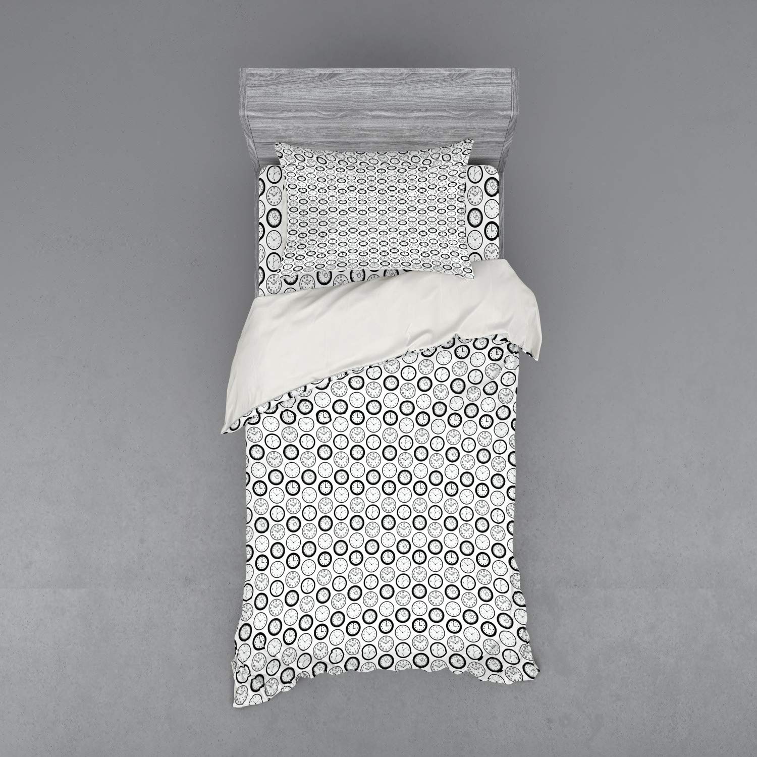 Lunarable Vintage Roman Numeral Clock Bedding Set - 3 Piece Duvet Cover with Sham & Fitted Sheet, Twin Size, Black & White Retro Watch Design | Perfect for Vintage Themed Bedrooms & Clock Enthusiasts