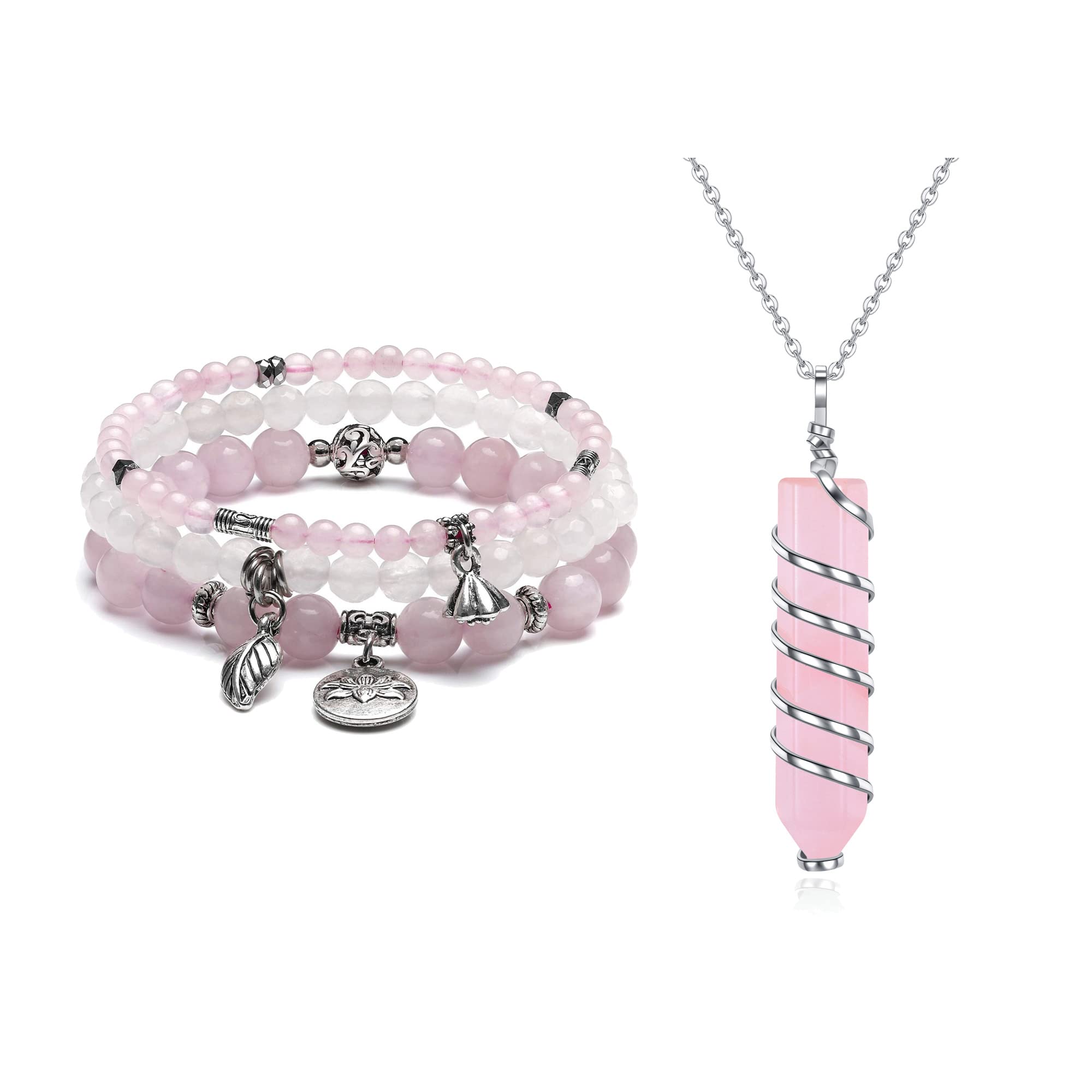 Jovivi 2-Piece Rose Quartz Jewelry Set - 3 Beaded Chakra Bracelet & Hexagonal Healing Crystal Necklace | Spiritual Healing, Meditation, Yoga Accessories, Gift for Women