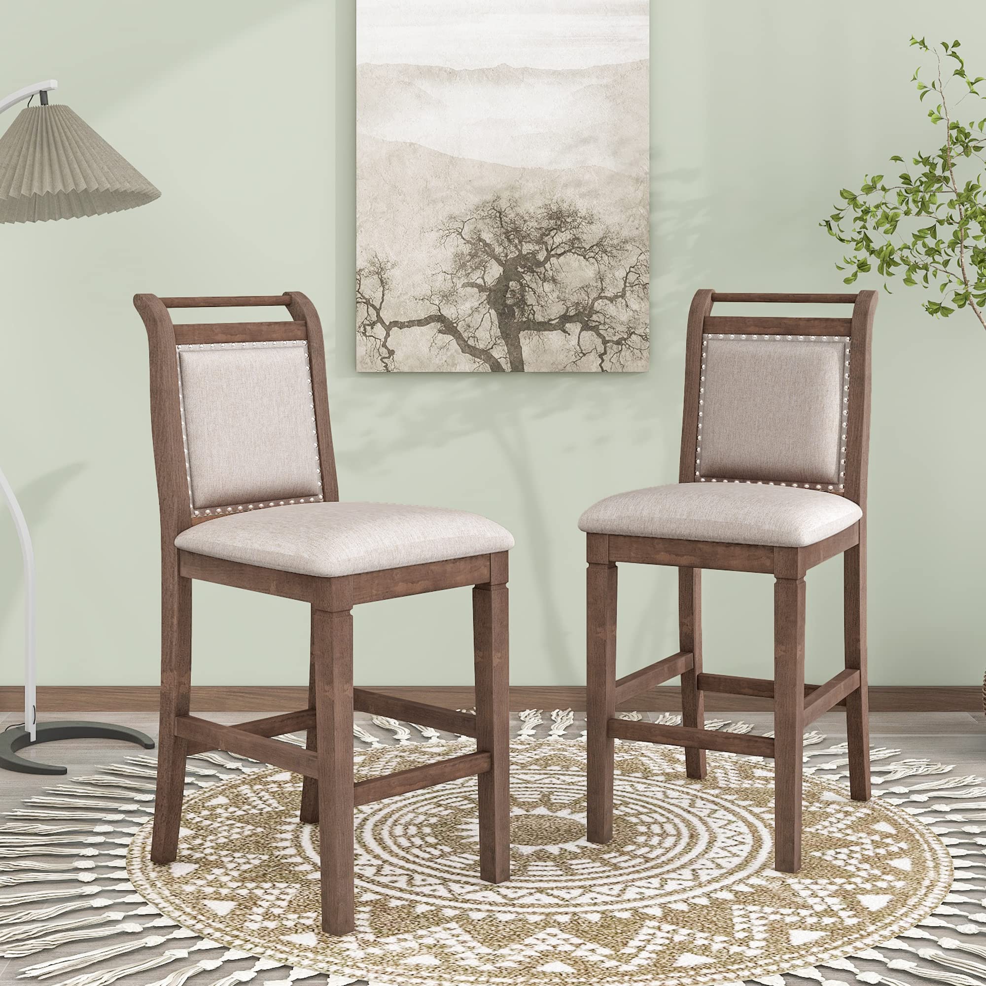 Farmhouse 3-Piece Counter Height Dining Table Set with 2 Upholstered Chairs & Extendable Drop Leaf - Solid Wood Kitchen Table for Small Spaces (Brown) - Perfect for Breakfast Nooks, Apartments & Cozy Dining Areas