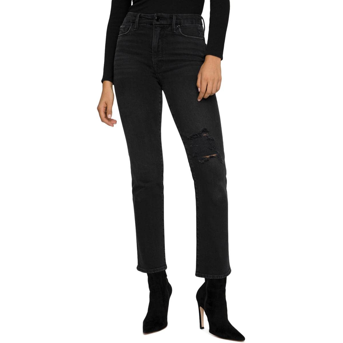 Good American Women's Plus Size Distressed Mid-Rise Straight Leg Jeans - Comfortable Stretch Denim for Casual Wear & Everyday Outfits