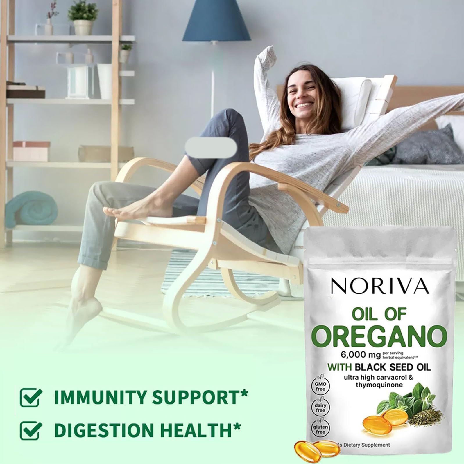 Noriva Oil of Oregano 6000mg Supplement Capsules with Black Seed Oil - Immune Support & Digestive Health - Perfect for Travel & Daily Wellness