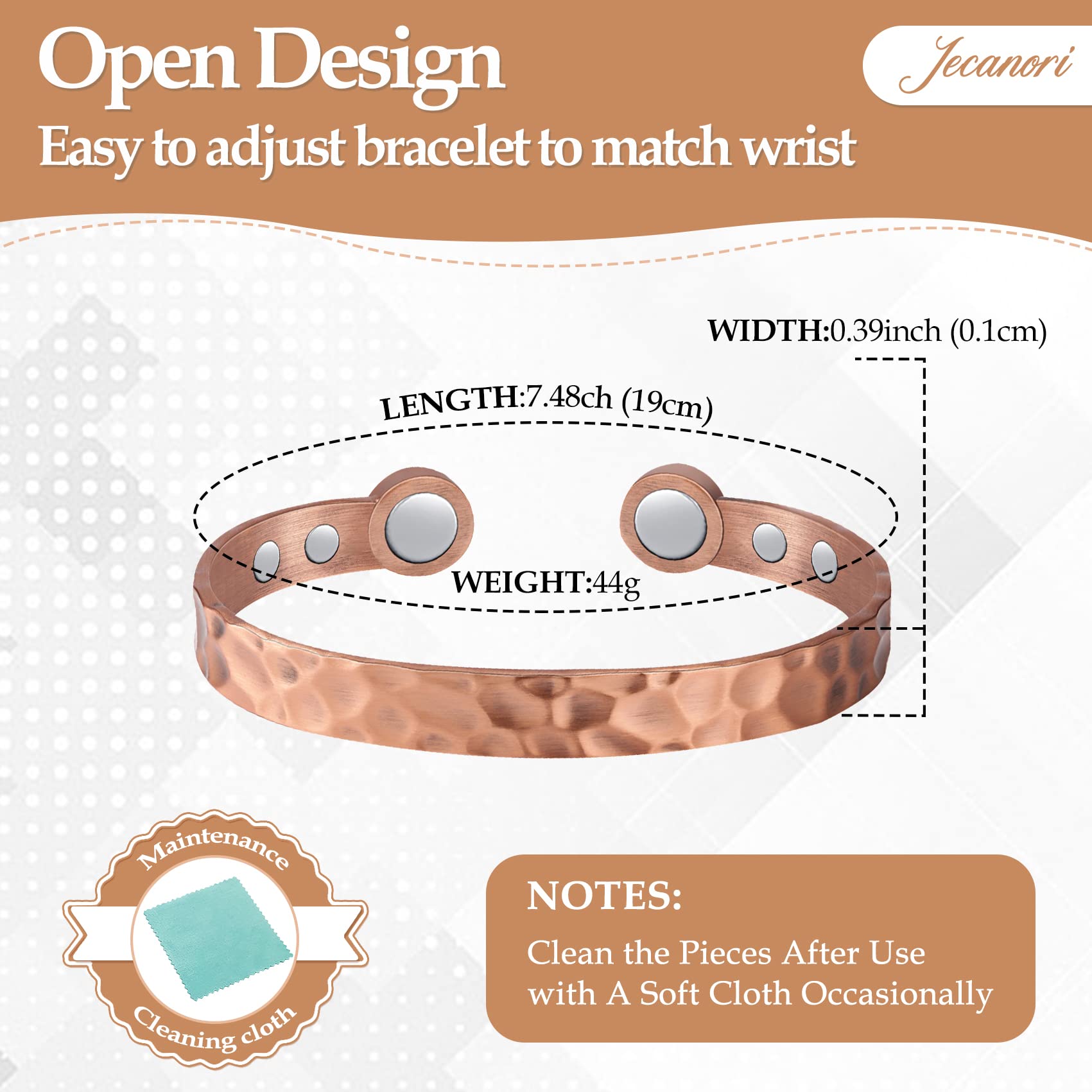 Jecanori 2Pcs Magnetic Copper Bracelets for Women - 100% Pure Copper Cuff Bangle with 3500 Gauss Magnets for Pain Relief & Circulation | Elegant Mother's Day Jewelry Gift for Her | Perfect for Arthritis Relief, Daily Wear & Special Occasions