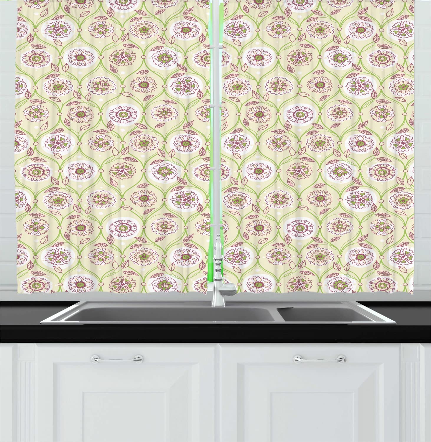 Ambesonne Floral Long Kitchen Curtains - Vintage Flowers Spring Art Illustration Drapes, 2 Panels with Rod Pocket, 55