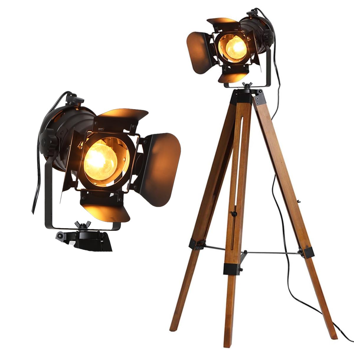 **Industrial Floor Lamp - Adjustable Tripod Standing Light with Wood Base & Metal Shade, E26 Socket for Living Room, Bedroom, Office, Studio & Farmhouse Decor - Perfect for Reading, Cinema Lighting & Retro Ambiance**