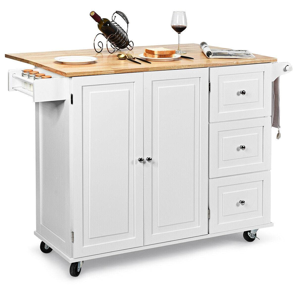 White Wooden Kitchen Island Trolley Cart with Spice Rack & Wheels - Rolling Storage Cabinet for Spices, Utensils & Cookware - Perfect for Small Kitchens, Pantry Organization & Mobile Cooking Stations