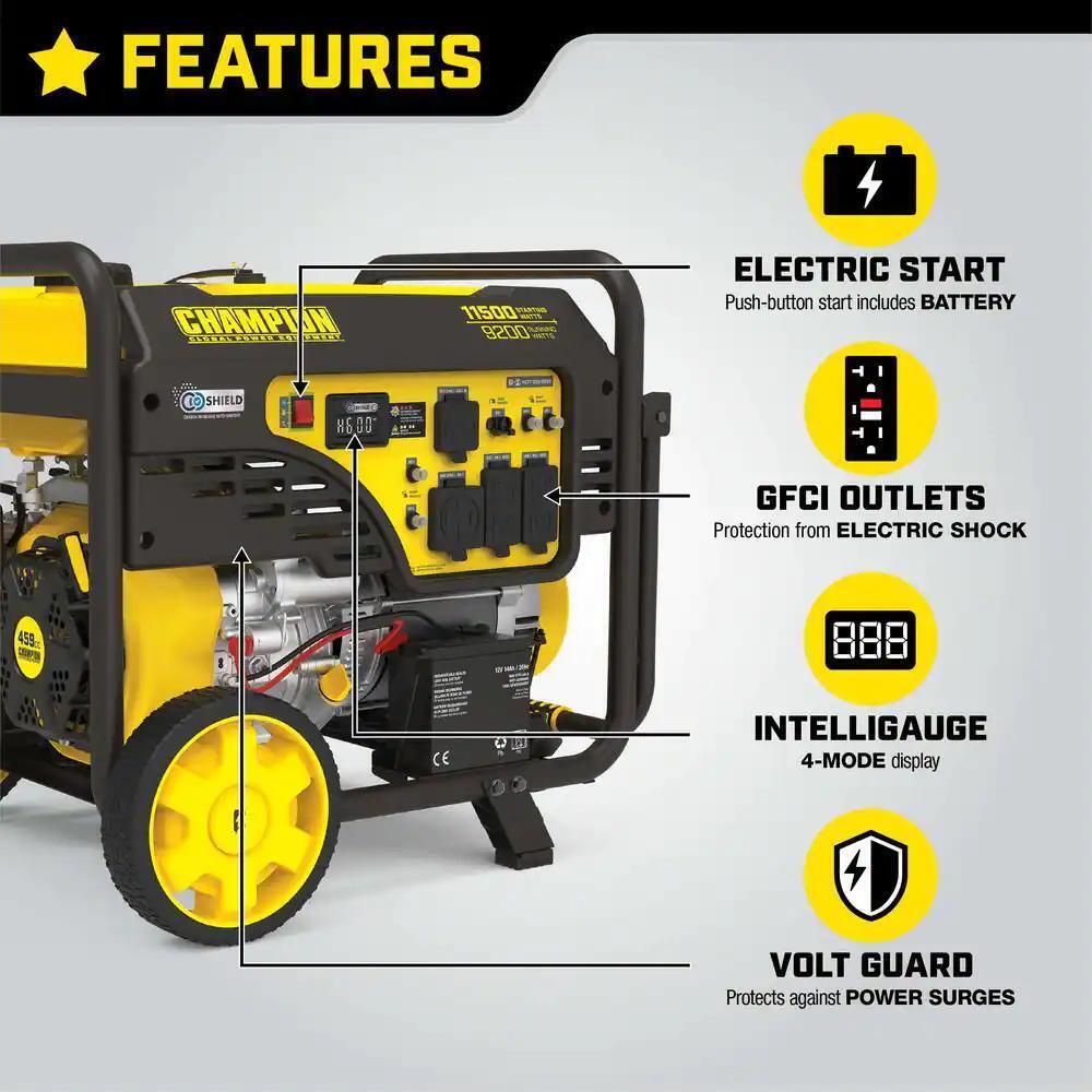 Champion 9200W/11500W Dual Fuel Portable Generator with Electric Start & CO Shield - Ideal for Home Backup Power, Camping, and Outdoor Events