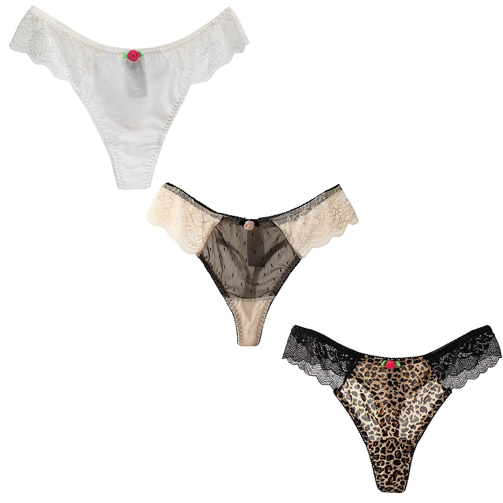 Women's Cotton Underwear Set - 3-Piece Lace Thong Panties with Soft Cotton Crotch for Plus Size | Comfortable Everyday Wear & Special Occasions