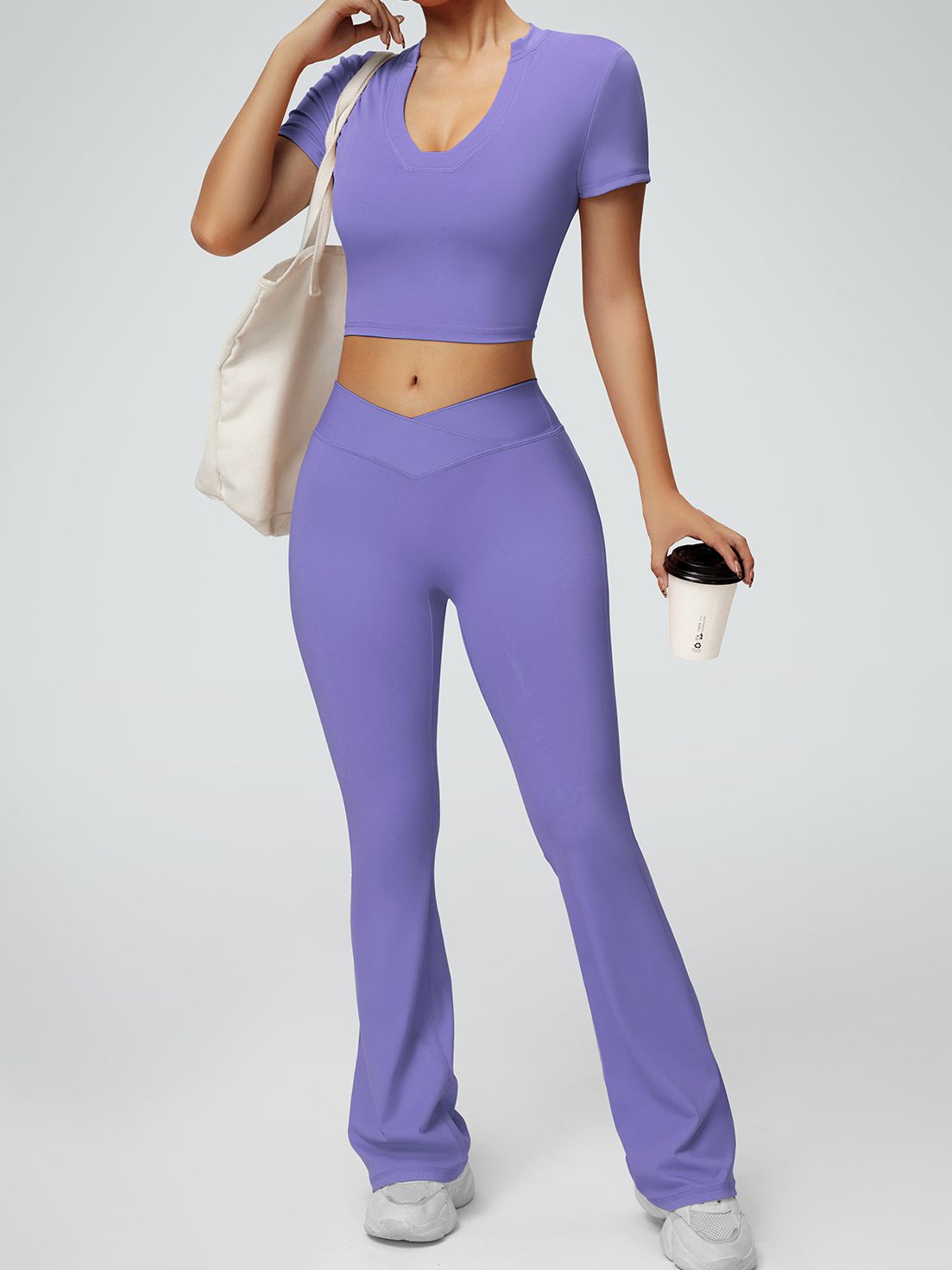 ZASUWA Women's Solid Color V-Neck Waist Flare Elastic Tracksuit - Comfortable & Stylish Workout Outfit for Yoga, Running & Gym