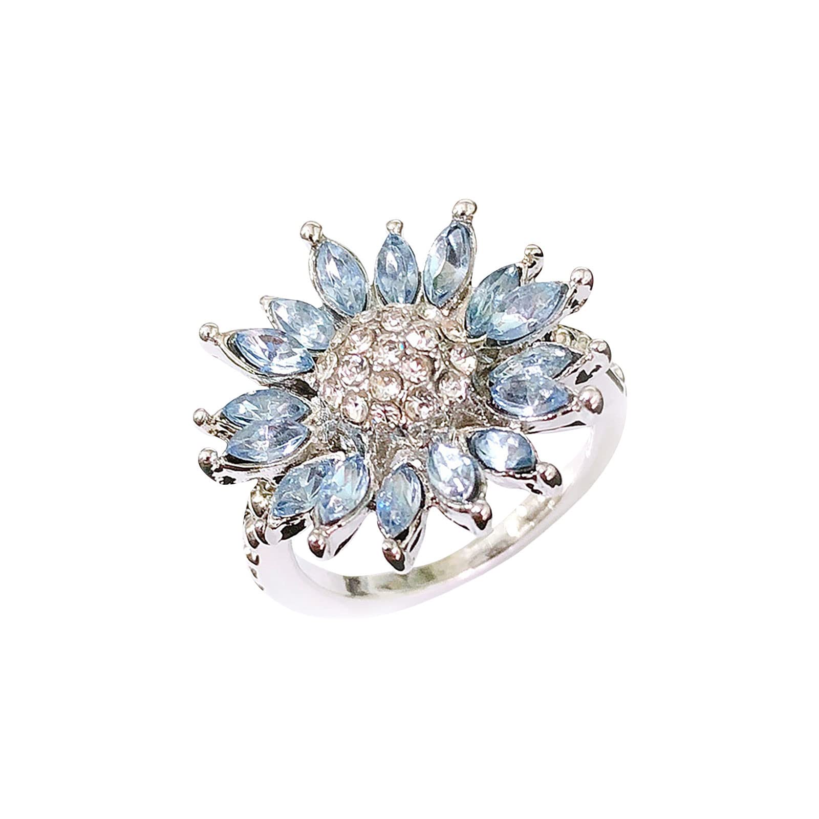 Sunflower Shaped Silver Plated Floral Ring with Blue Zircon for Women & Girls - Perfect for Everyday Wear, Gift Giving & Boho Fashion