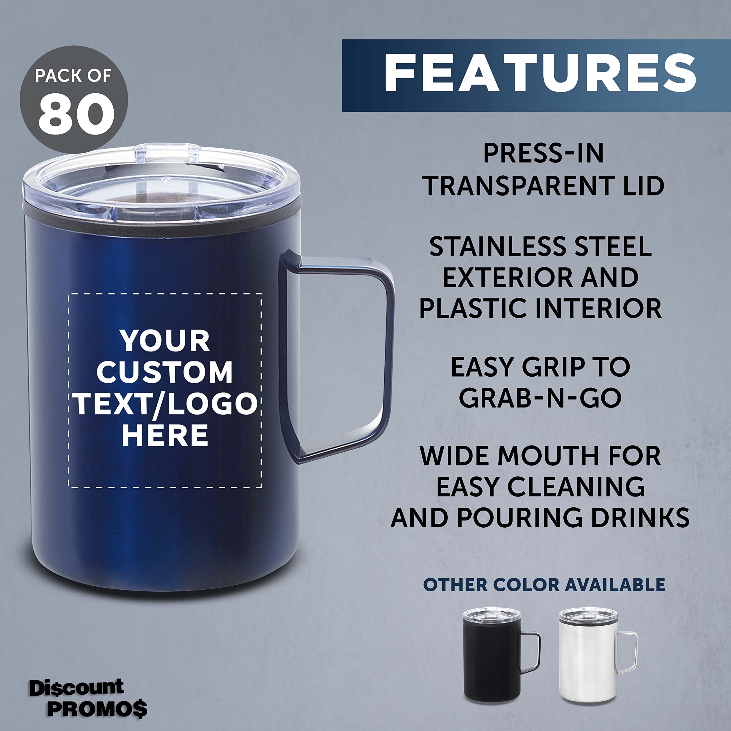 80-Pack Custom Wells Stainless Steel Camping Mugs 13.5oz - Personalized Bulk Coffee Cups for Hot & Cold Beverages (Navy Blue) - Ideal for Camping, Office Use & Outdoor Adventures