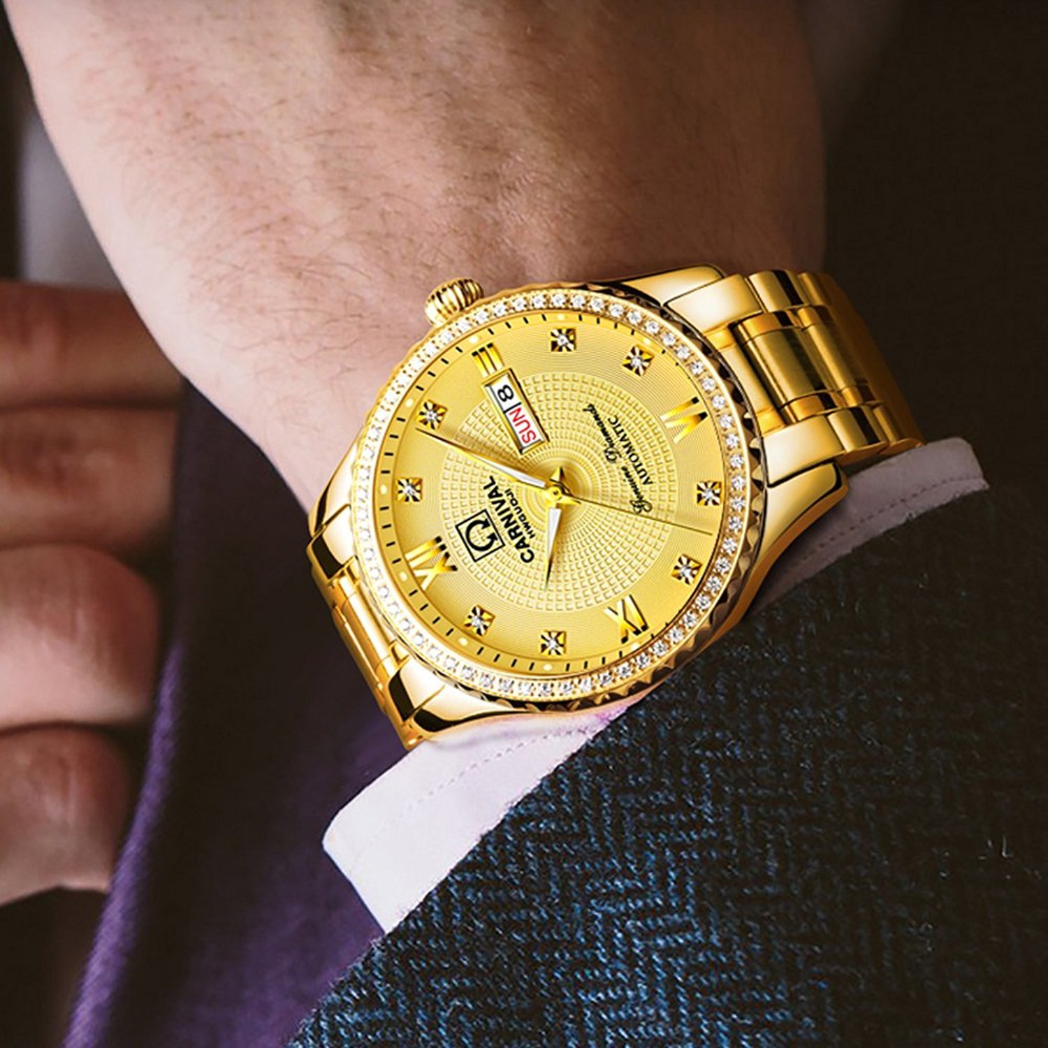 MASTOP Automatic Luxury Men's Watch - Gold & Silver Stainless Steel Dress Watch with Diamond Accents | Perfect for Business, Formal Events & Gifts