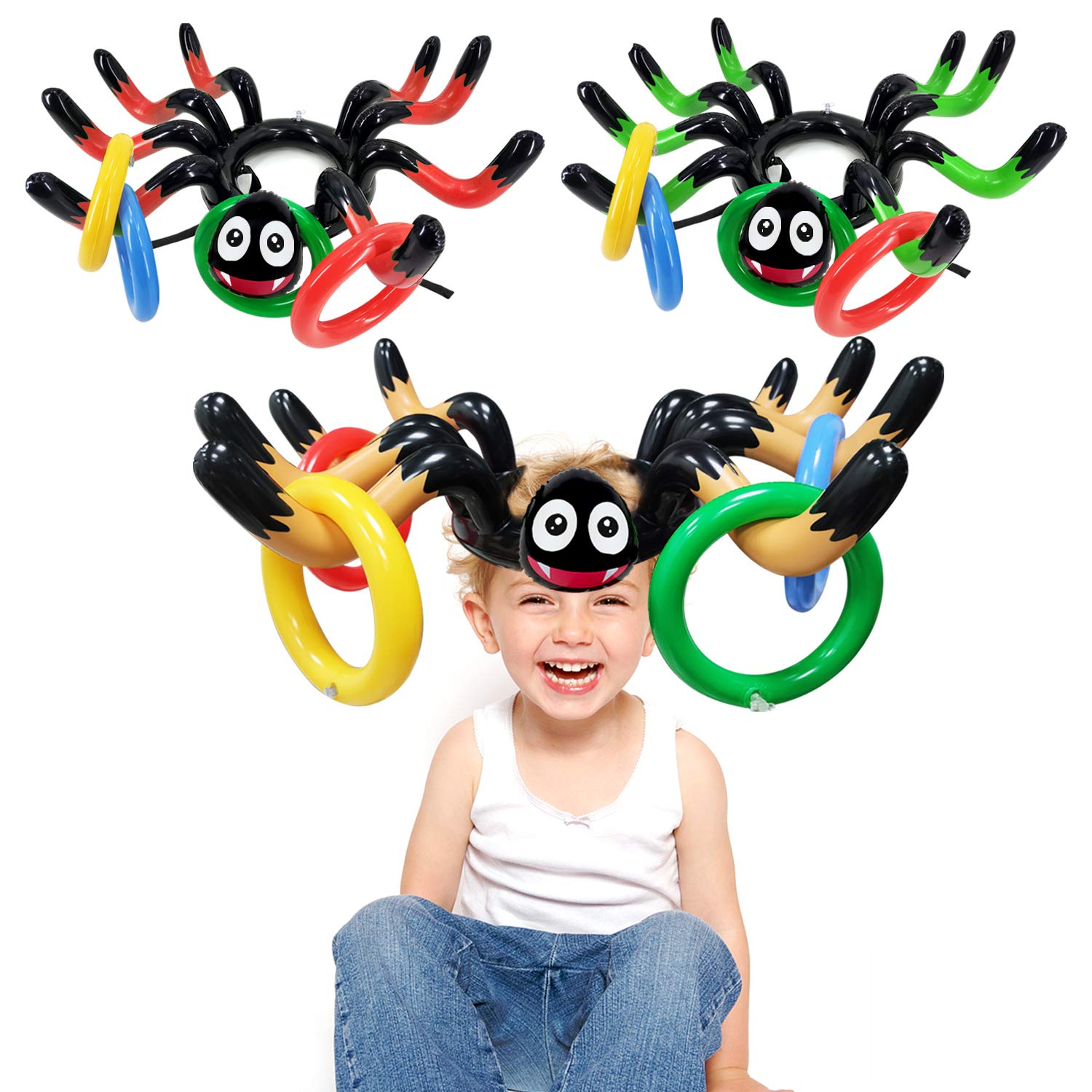 3 Pack Giant Spider Witch Hat Ring Toss Game - Halloween Inflatable Party Games for Kids & Adults - Indoor Outdoor Carnival & Family Fun - Halloween Decorations & School Party Favors (3 Giant Spiders, 12 Rings) - Perfect for Halloween Parties, School Events & Backyard Carnivals