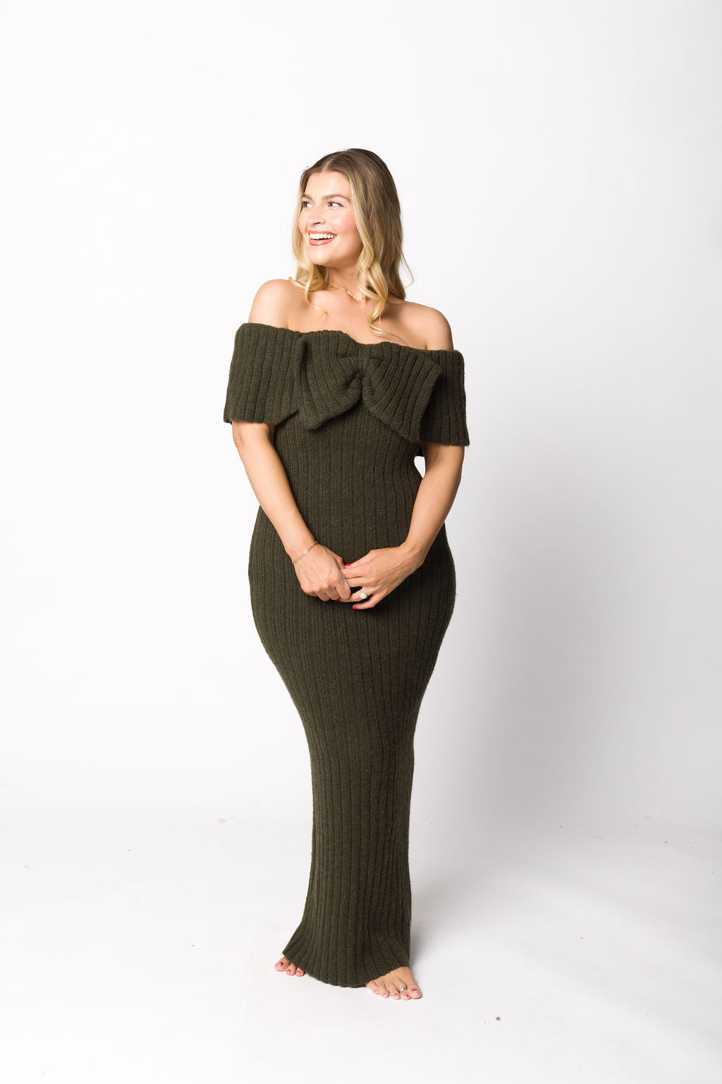 Aston Bow Front Maxi Sweater Dress in Dark Green - Bump Friendly Maternity Dress for Pregnancy, Nursing & Postpartum | Cozy Winter Outfit for Women