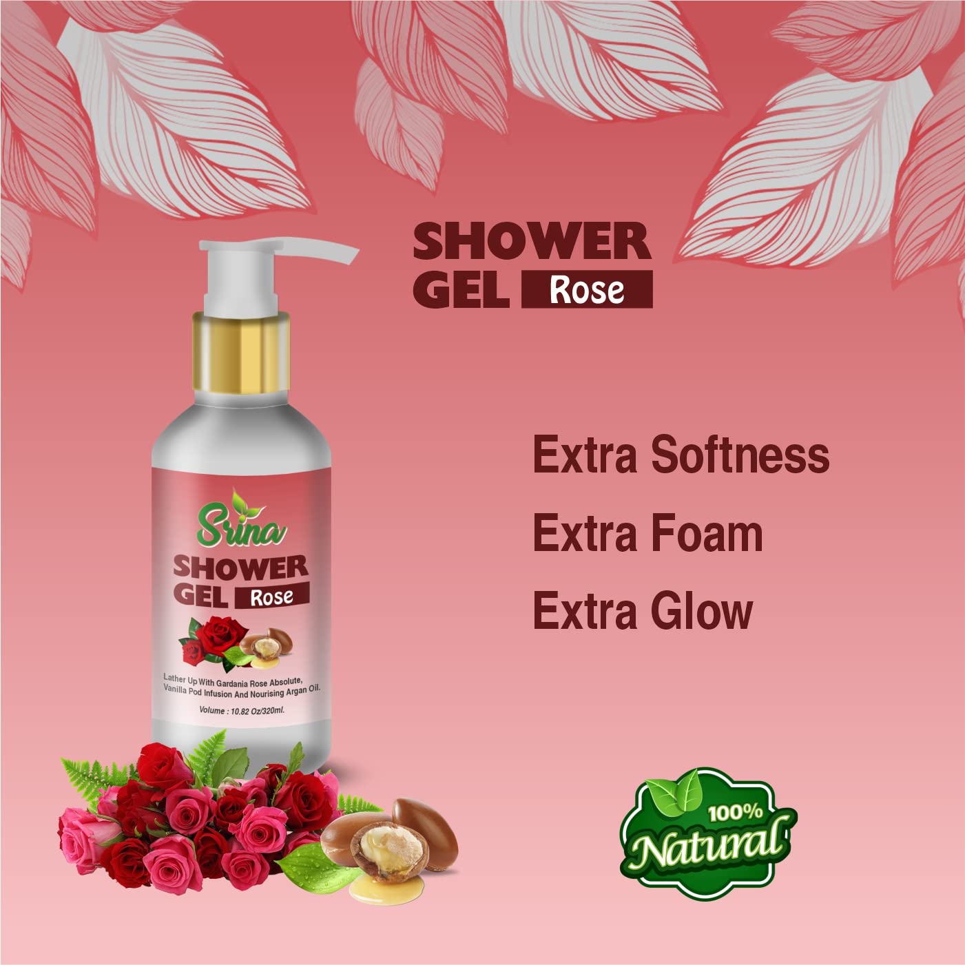 Srina Rose Scented Shower Gel with Glycerin - Hydrating Body Wash for Soft & Glowing Skin | Floral Bath Essential for Relaxation & Self-Care Routine