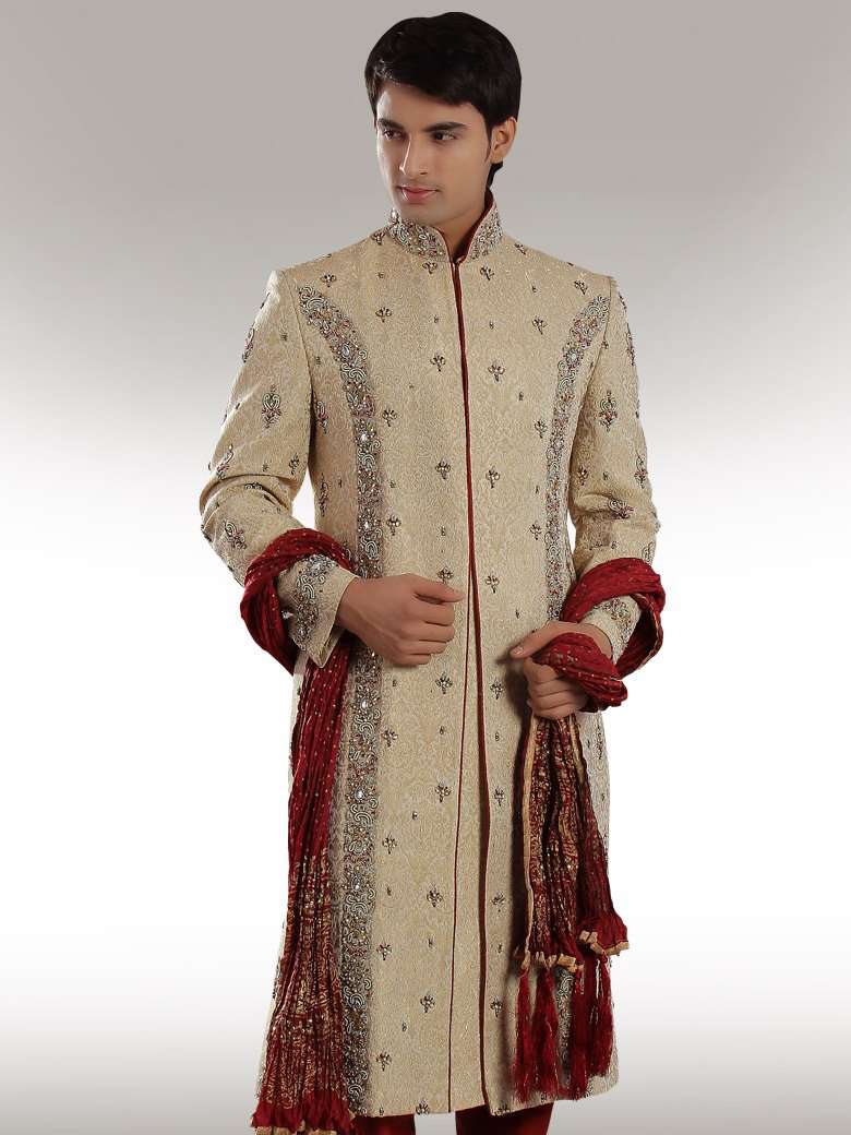 Luxury Beige Brocade Silk Sherwani for Men - Elegant Indian Wedding Attire & Formal Occasions