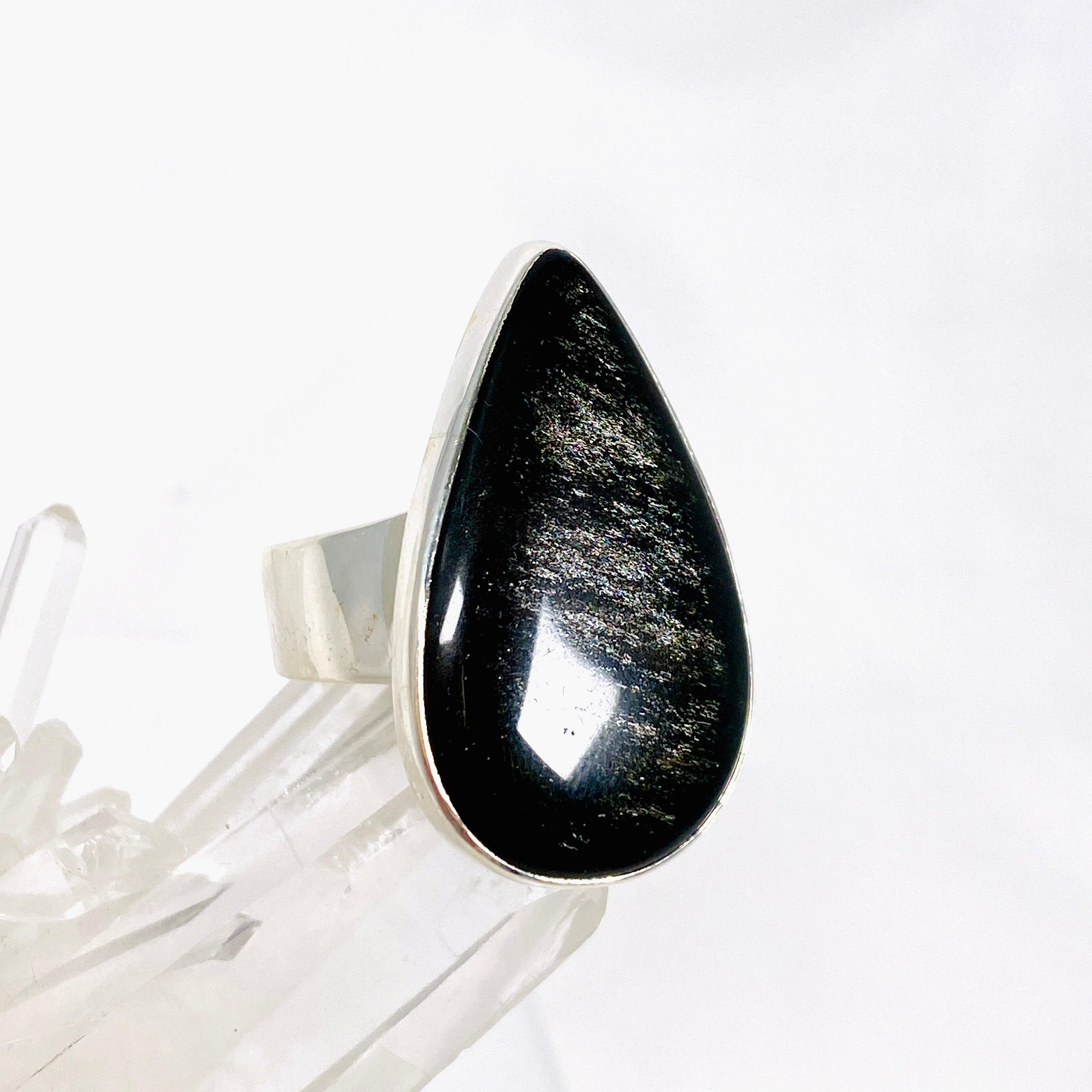 Silversheen Obsidian Teardrop Ring - Size 9 (KRGJ2925) | Elegant Gothic Jewelry for Women, Perfect for Evening Parties & Special Occasions
