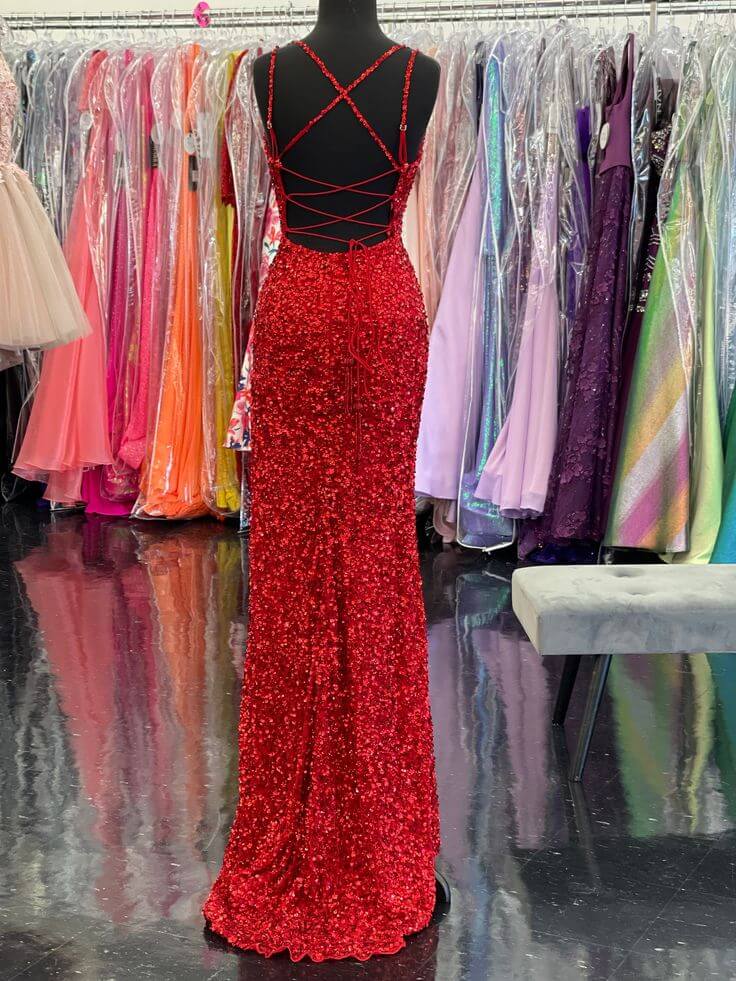 2025 High Slit Sequin Red Prom Dress - Long V Neck Mermaid Evening Gown for Homecoming, Pageant & Formal Events | Elegant Party Wear for Dances & Special Occasions