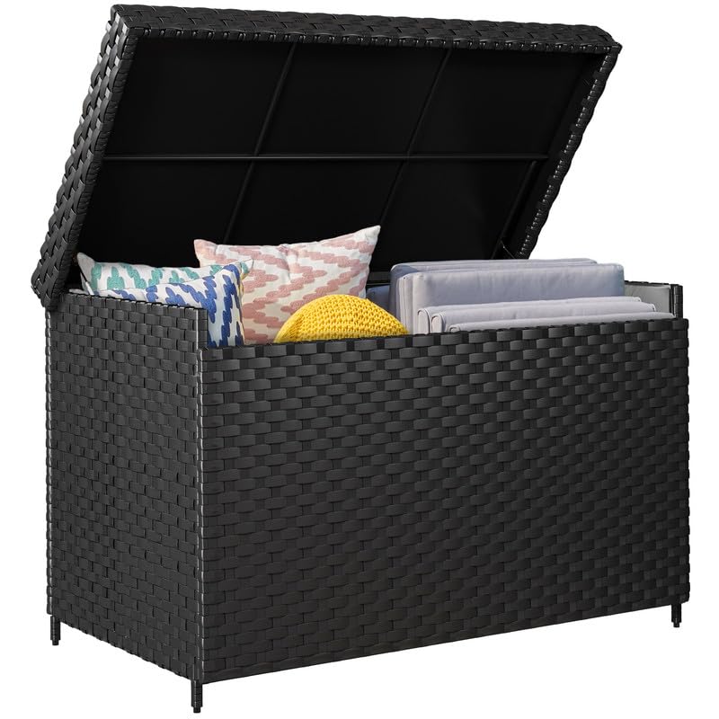 YITAHOME 230 Gallon XXL Wicker Deck Box - All-Weather Outdoor Storage Container for Patio Furniture, Pool Toys, Garden Tools & Cushions | Rattan Design | Black | Perfect for Backyard, Deck & Poolside Organization