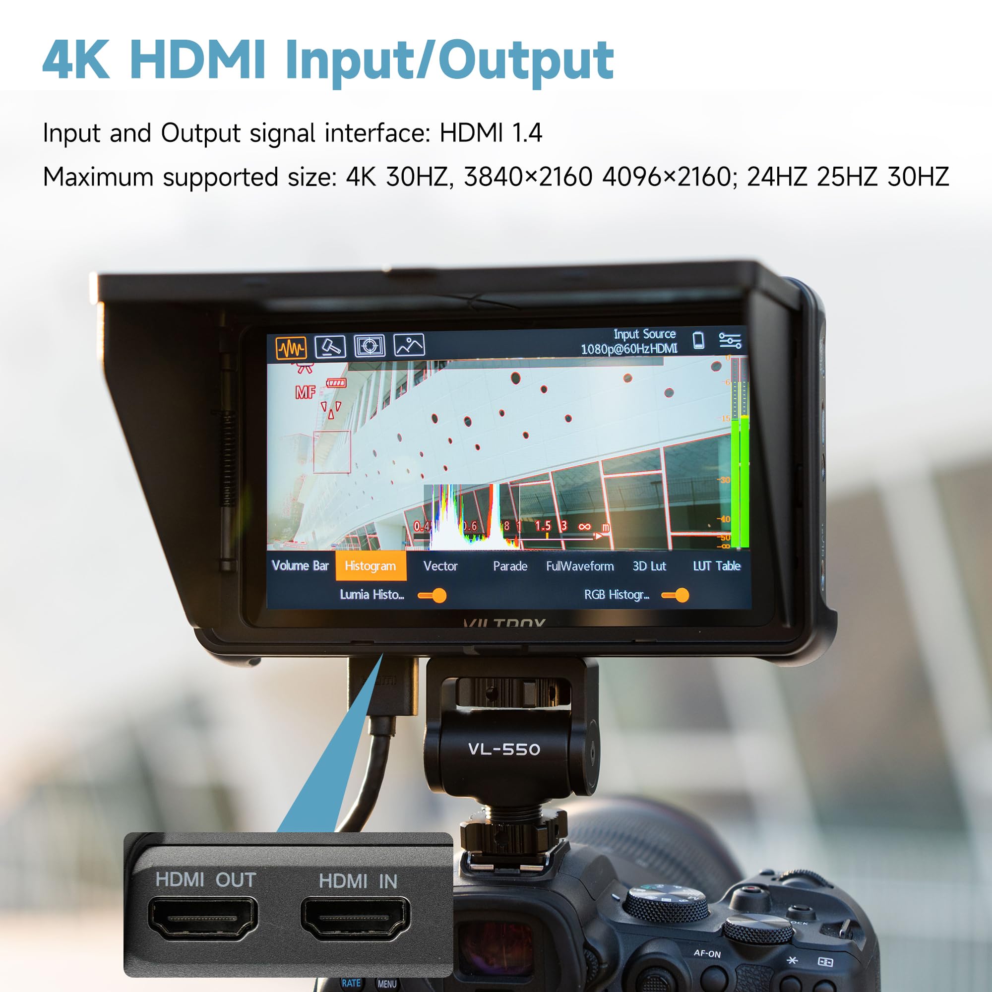 VILTROX DC-550 Pro 5.5 Inch 4K HDMI Touchscreen DSLR Camera Field Monitor - 1200 Nits Brightness, 3D LUT, HD 1920x1080, Focus Peaking Assist - with Battery & Sunshade Hood - Perfect for Outdoor Filming, Vlogging, and Professional Video Production
