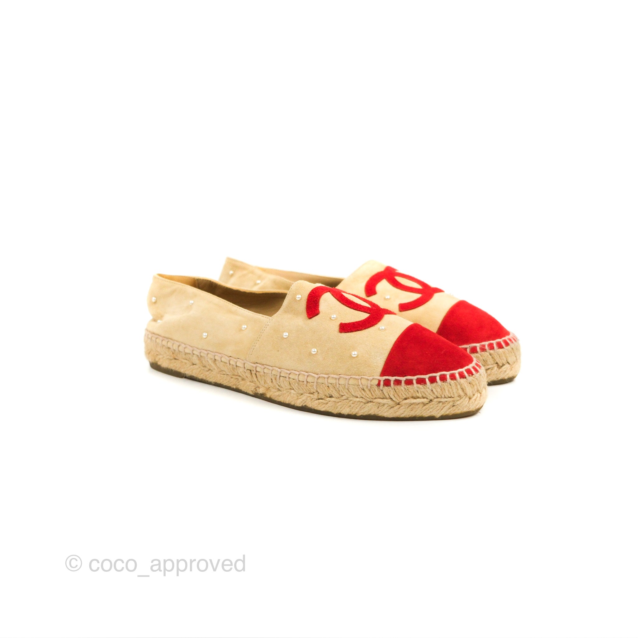 Chanel CC Beige Red Pearl Espadrilles Women's Shoes Size 39 | Luxury Designer Flats for Casual Wear, Summer Outfits & Beach Vacations