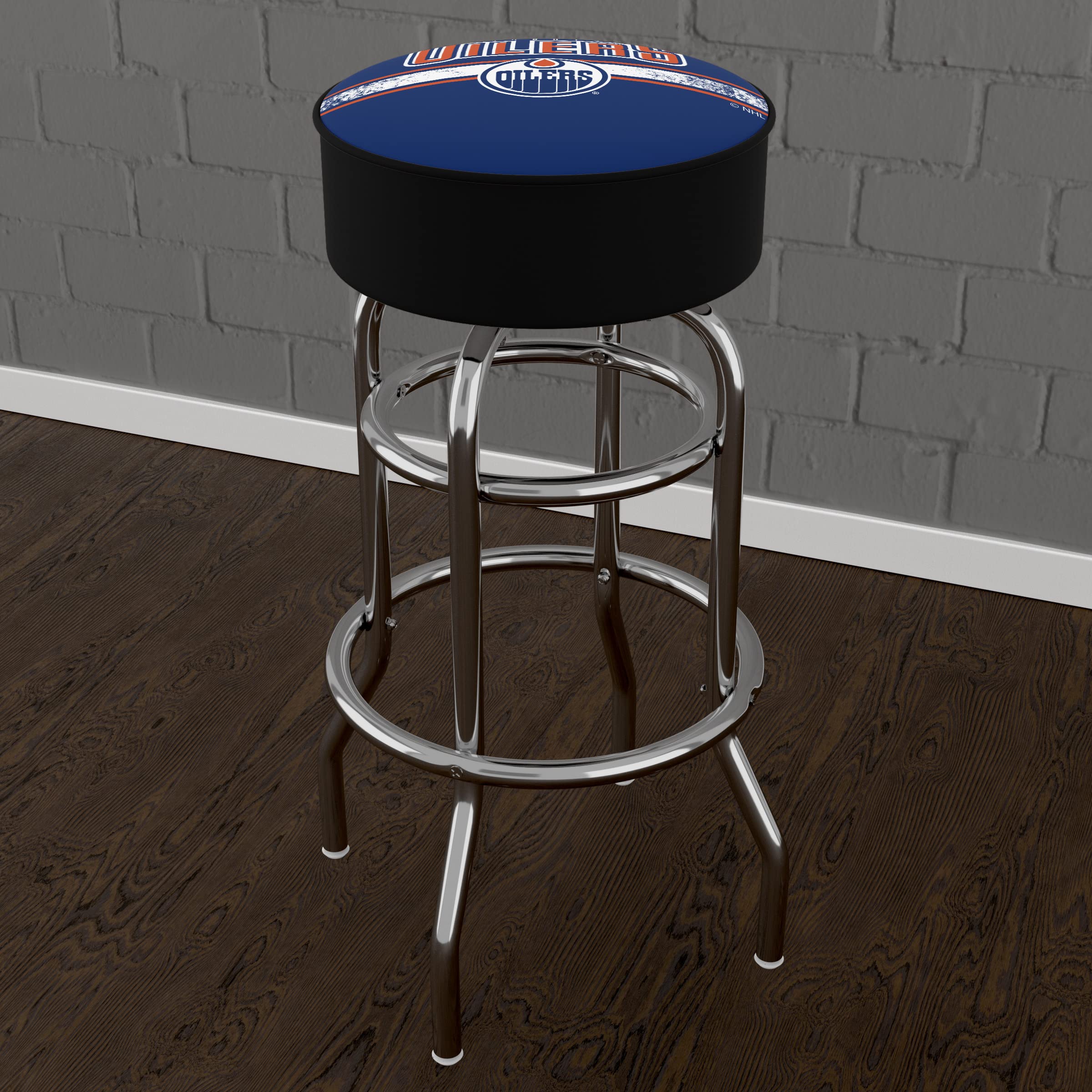 NHL Chrome Bar Stool with Swivel - Edmonton Oilers Hockey Team Themed Gameroom Furniture for Man Cave, Sports Bar & Home Decor