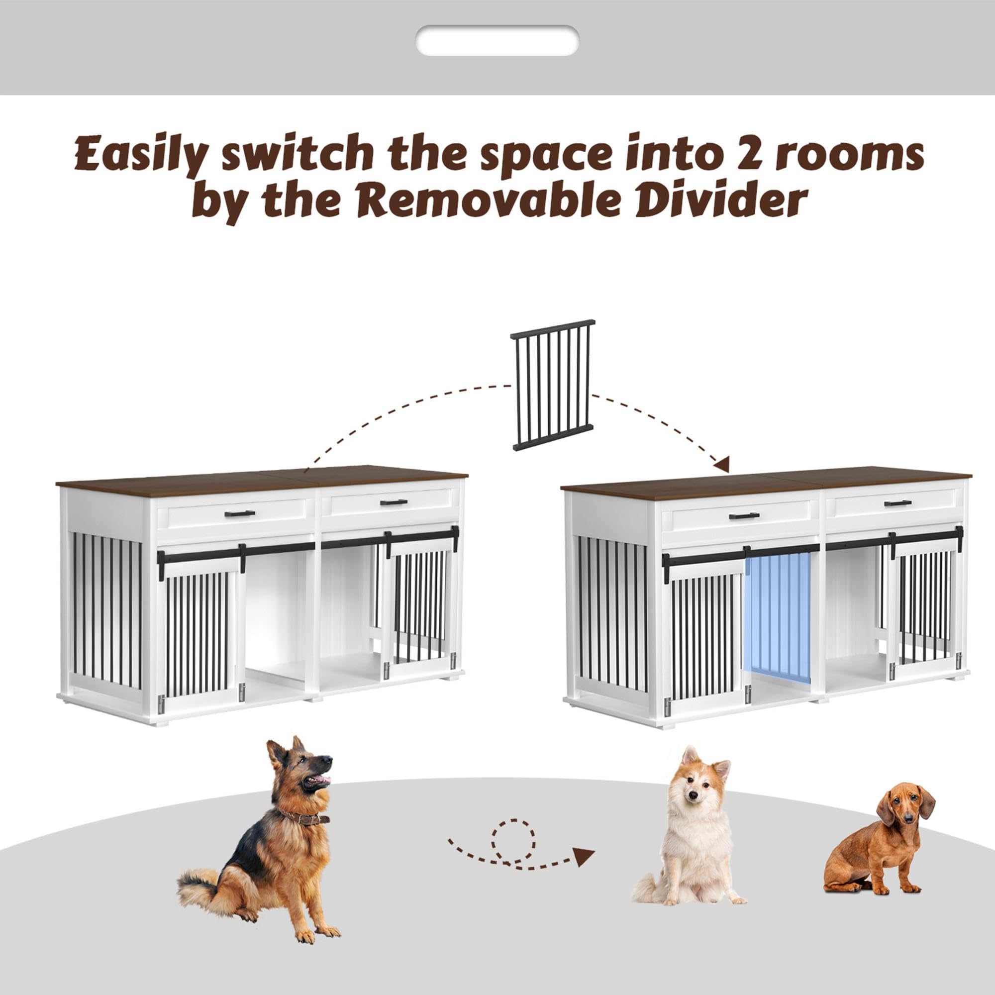 MUPATER Large Dog Crate Furniture for 2 Dogs - Double Wooden Dog Cage Table with Removable Divider, 2 Storage Drawers & Safety Locks | Indoor Pet Kennel Furniture for Living Room, Bedroom & Office (White)