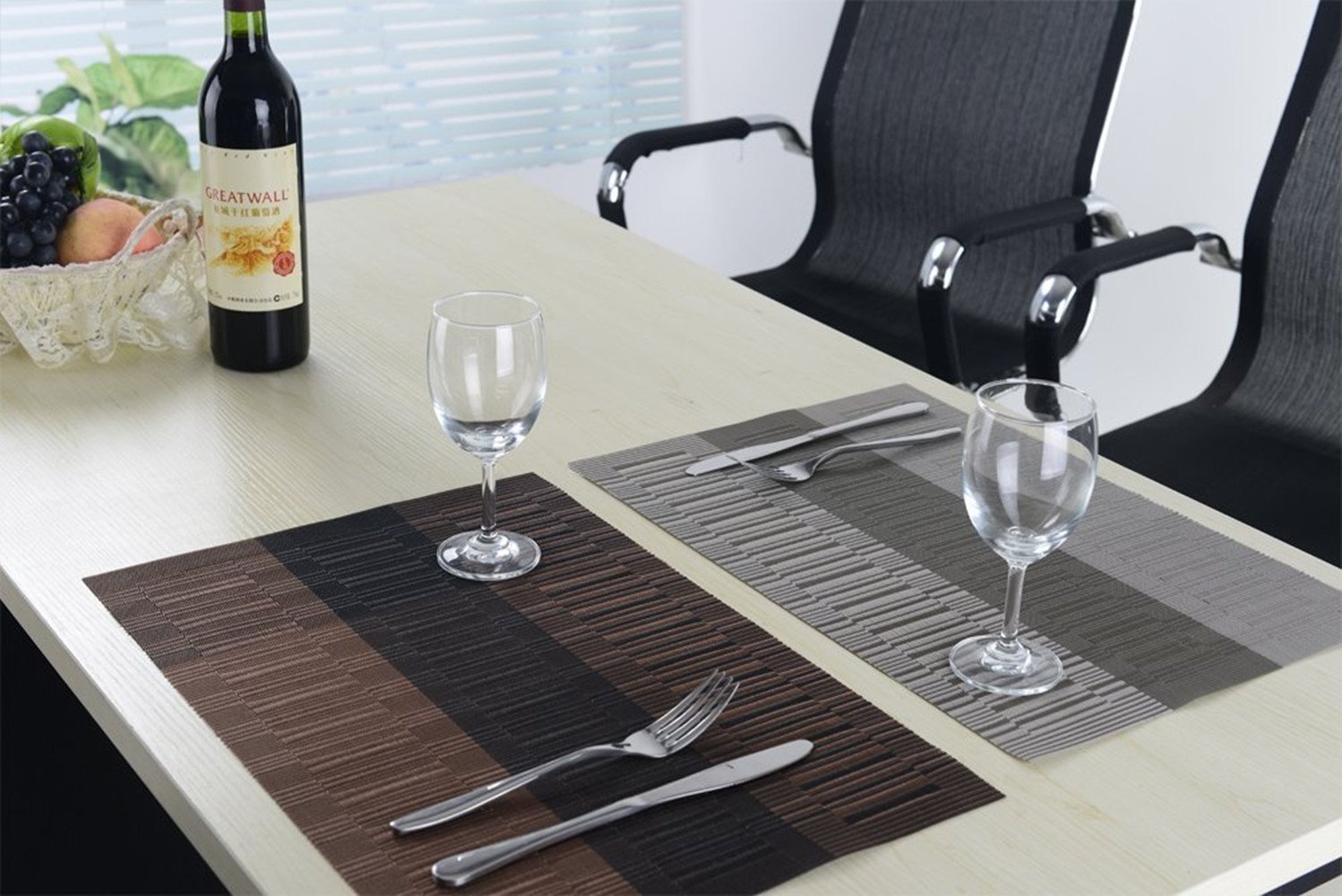 Premium PVC Woven Vinyl Placemats Set of 6 - Heat-Resistant, Non-Slip Table Mats for Dining, Kitchen & Outdoor Use (Brown & Black) - Perfect for Everyday Meals, Dinner Parties & Picnics
