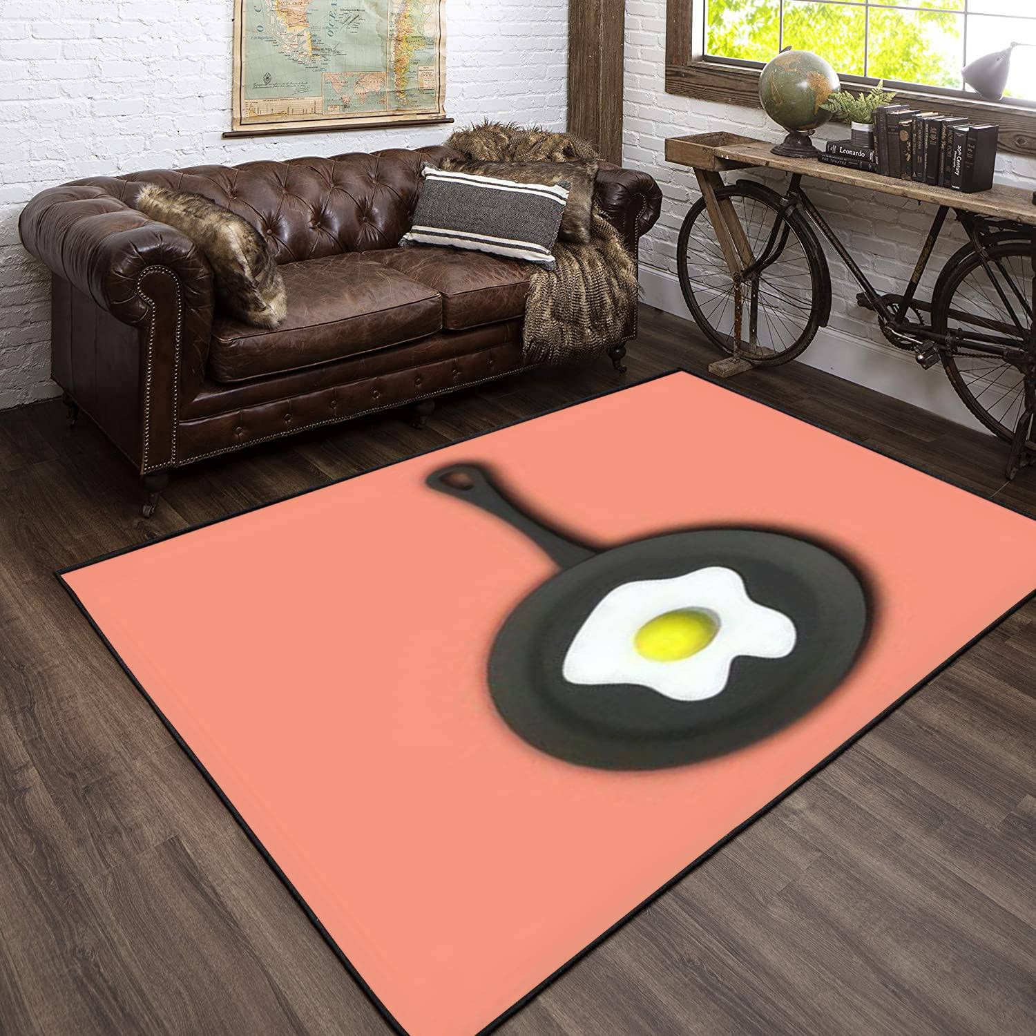 Non-Slip Extra Large 3D Fried Egg Design Area Rug - Modern Home Decor Carpet for Living Room, Bedroom & Playroom | Soft Yoga Mat Runner with Pastel Red Background | Perfect for Kids Rooms, Home Gym & Cozy Spaces
