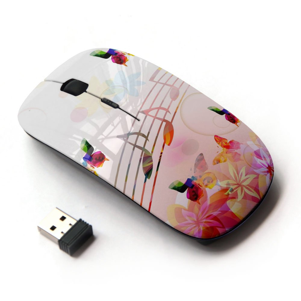 2.4G Wireless Optical Mouse with Music Notes, Pink Flowers & Butterflies Design - Perfect for Office, Home, and Travel Use