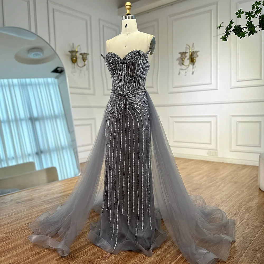 Elegant Strapless Pink Pearl Beaded Arabic Mermaid Evening Gown with Detachable Overskirt LA72811B - Perfect for Weddings, Prom, Gala and Special Occasions